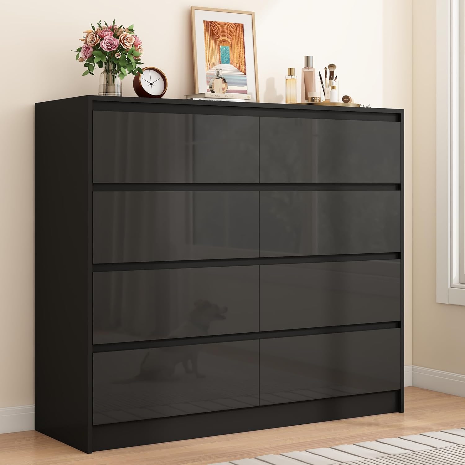 8 Drawer Dresser for Bedroom, Simply Modern Chest of Drawers, Wood Storage High Gloss Dressers Chest with Sturdy Frame,Handle Free Large Closet Organizers for Living Room Hallway Entryway, Black