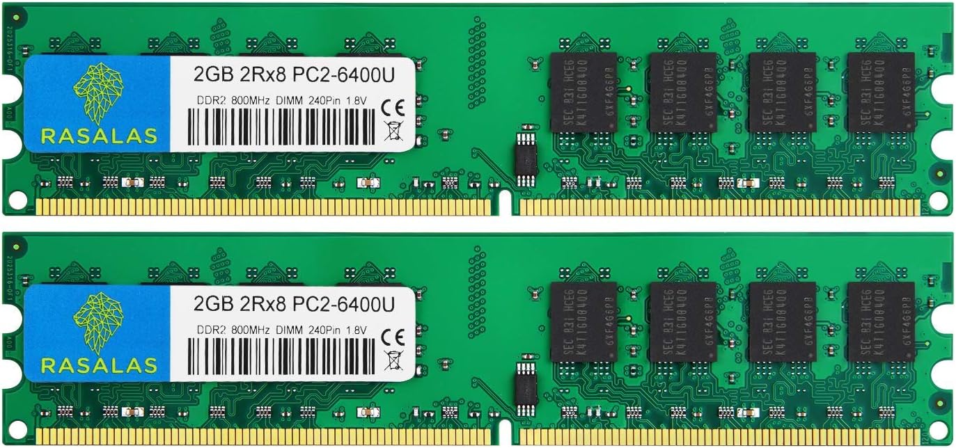 Rasalas DDR2 800 PC2-6400 DDR2 4GB Kit (2x2GB) DDR2-800 Udimm Ram Desktop PC2-6400U 2RX8 1.8V CL6 240 Pin Non-ECC Unbuffered Desktop RAM Memory Modules