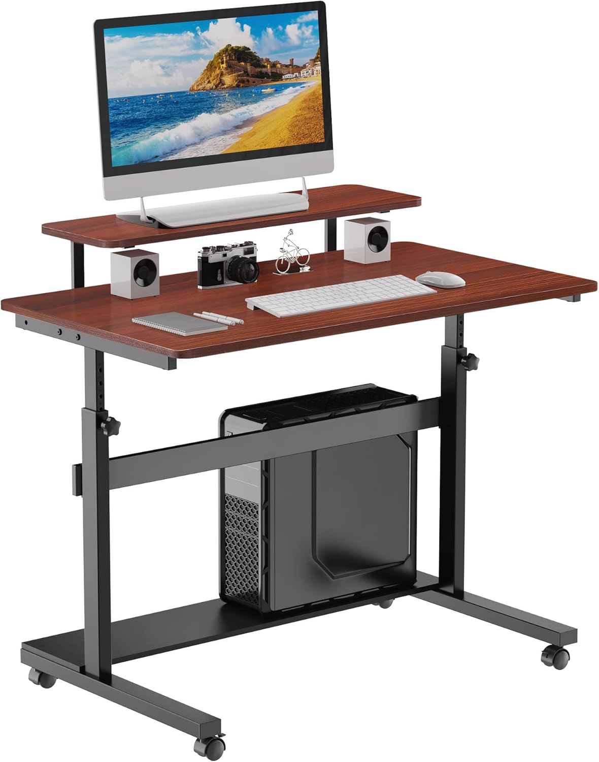 EUREKA ERGONOMIC Mobile Height Adjustable Standing Desk,41 Inch Rolling Stand Up Computer Workstation with Monitor Shelf, Portable Home Office Desk with Wheels,CPU Stand & Detachable Hutch, Teak