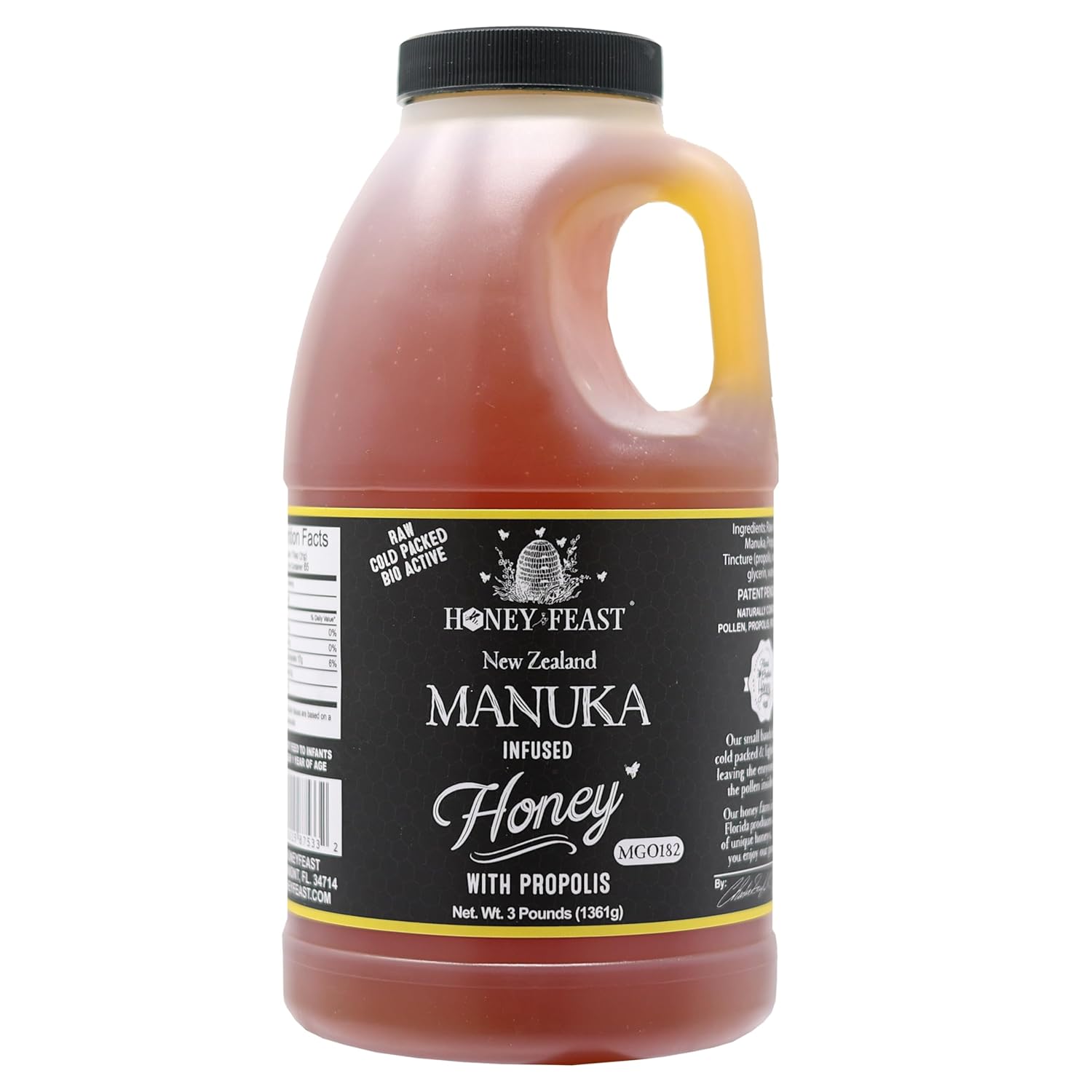 HONEY FEAST Manuka and Propolis Infused Honey | New Zealand Manuka infused Honey Blend with Propolis | Bulk Honey | MGO182 | Patent Pending Formula | 3lb Jar