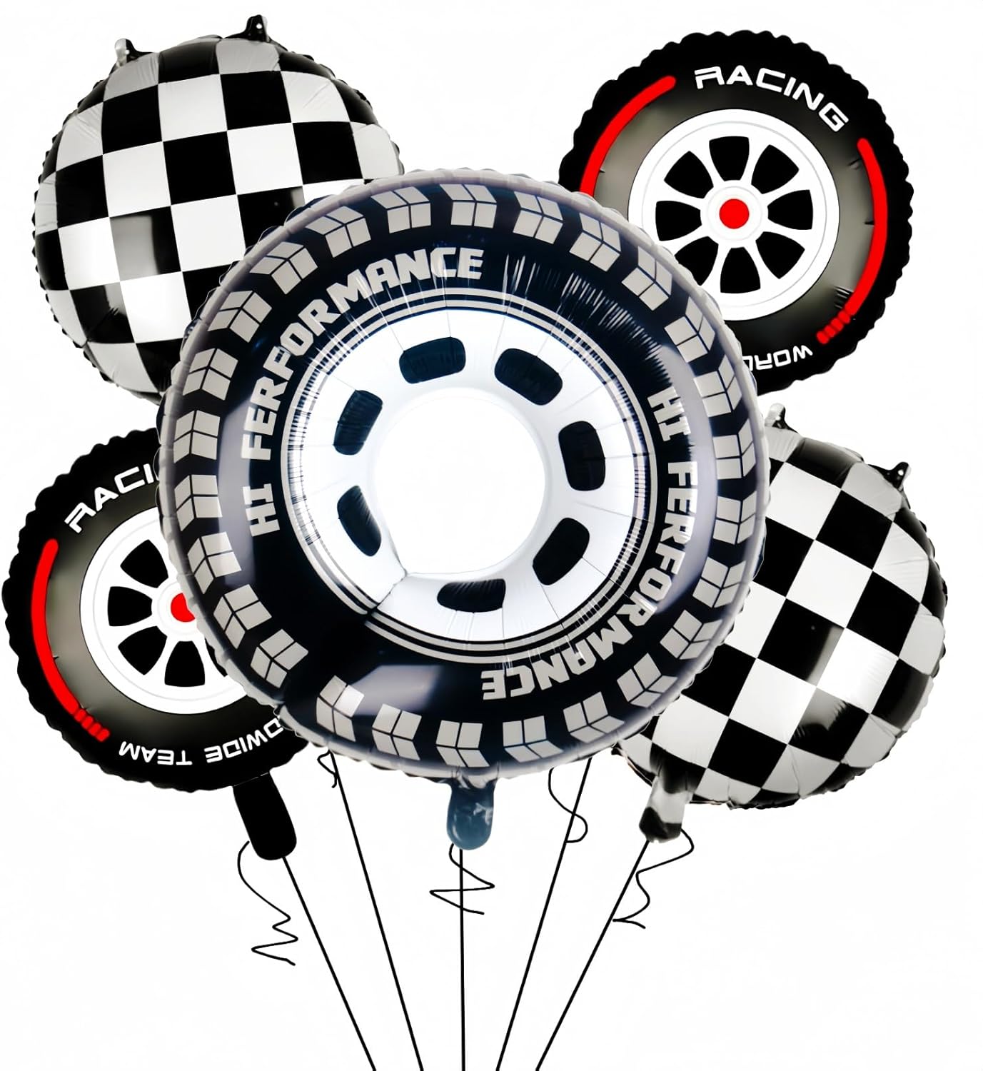 Race Car Balloons Wheels Checkered Balloons Set – 30 Inch Big Foil Mylar Tire Balloon for Boys Drivers Driving Racing Car Theme Birthday Party Decorations Supplies Favors Black White Red