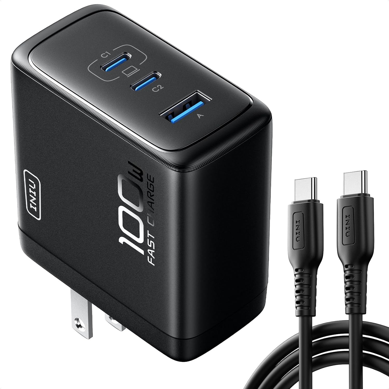 USB C Charger, INIU 3-Port 100W GaN Charger, Compact Foldable PD PPS USB C Wall Charger Block for MacBook Pro/Air, iPad Pro, Galaxy S23, Dell XPS 13, Note 20/10+, iPhone 16/15, Steam Deck