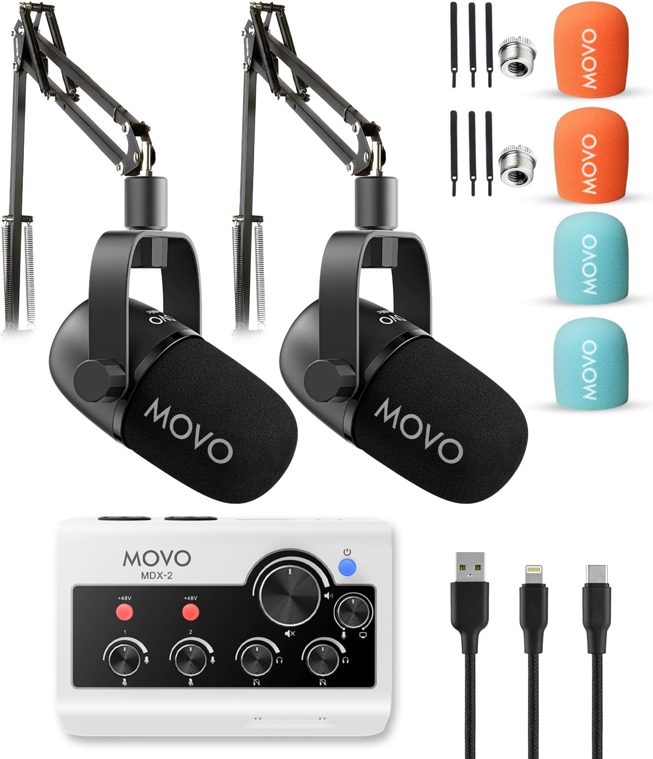 Movo Portable Podcast Equipment Bundle for iPhone/Android Phones- Podcast Kit with Audio Interface, 2 CastMic Dynamic Mics, 2 Boom Arms – for Smartphones, Computers, PC, Mac – Lightning, USB, USB-C