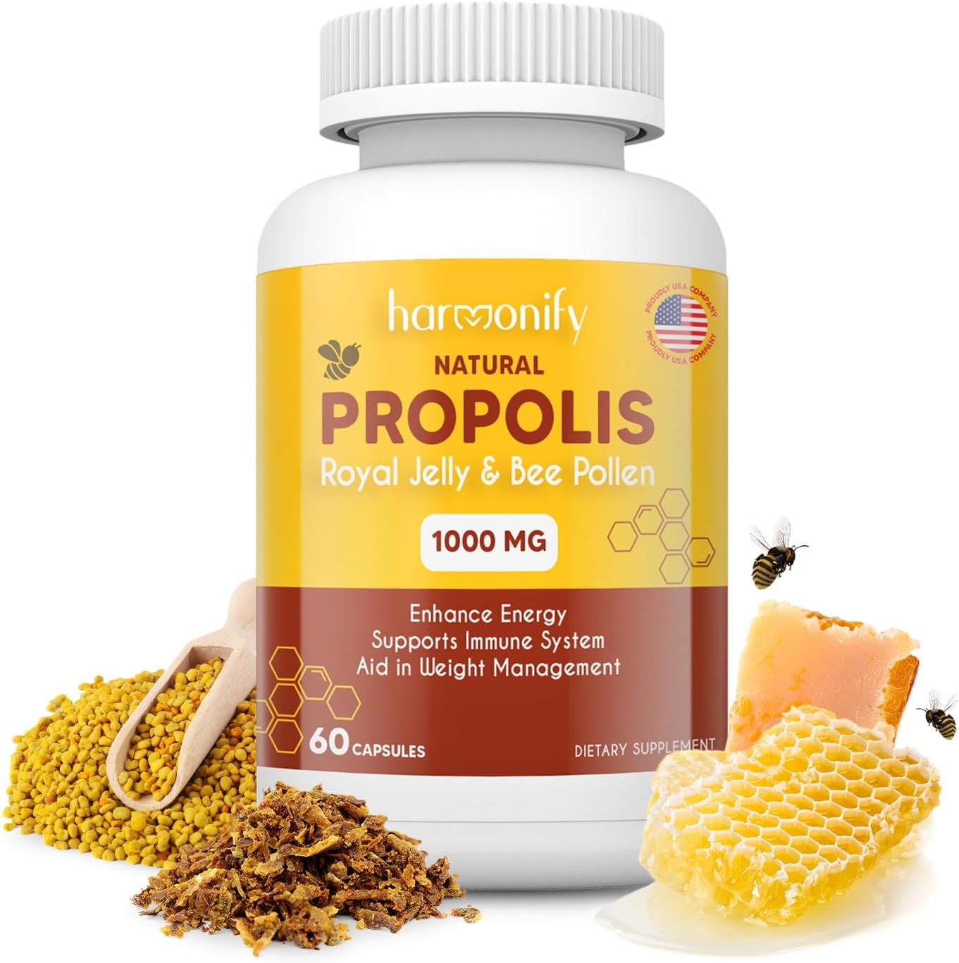 Bee Pollen Propolis Royal Jelly Extract with Carob, Pure Immune Support Supplement, Gluten-Free, Vegetarian Capsules, 1000 mg