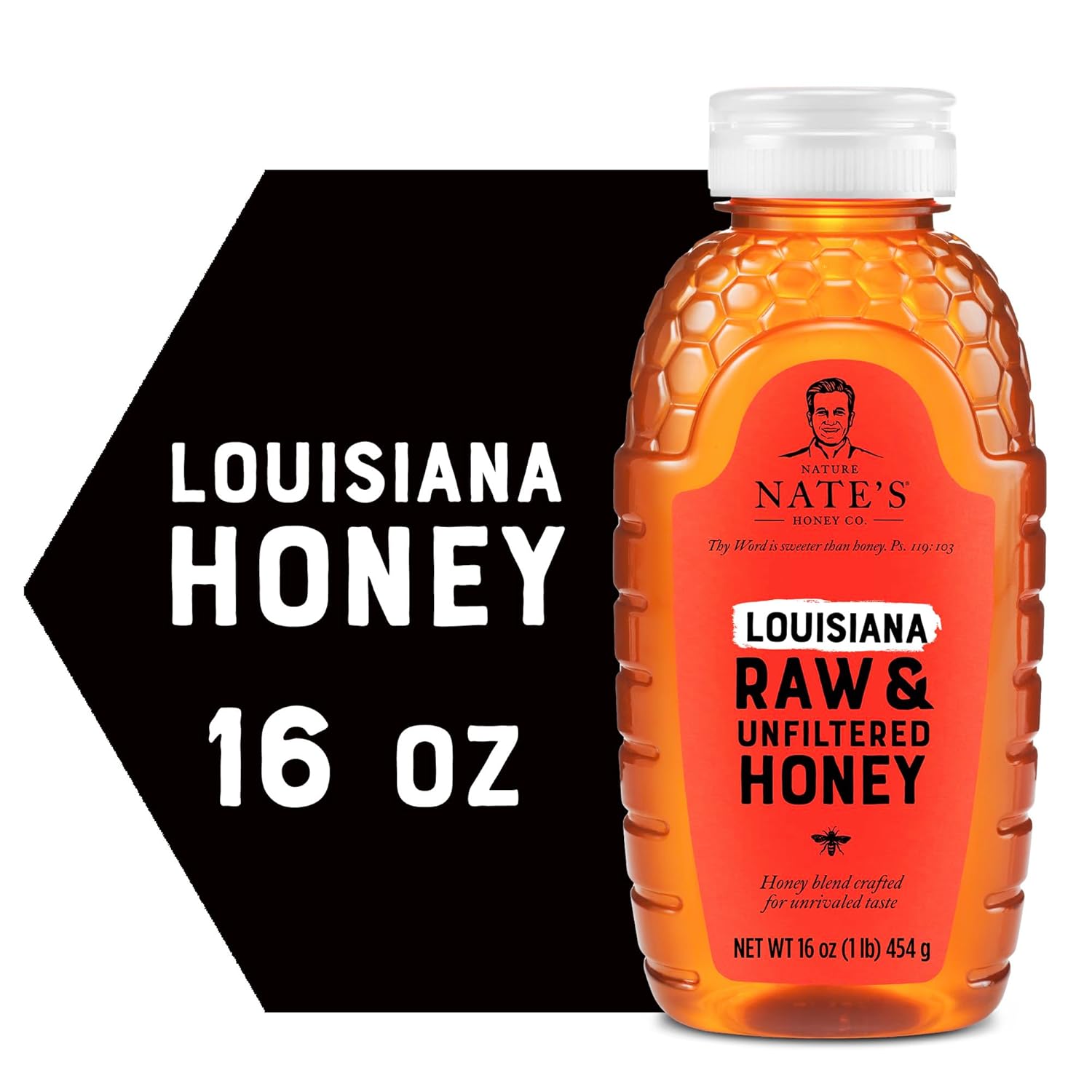 Nate’s Louisiana 100% Pure, Raw & Unfiltered Honey – 16 oz. Squeeze Bottle – All-natural Sweetener