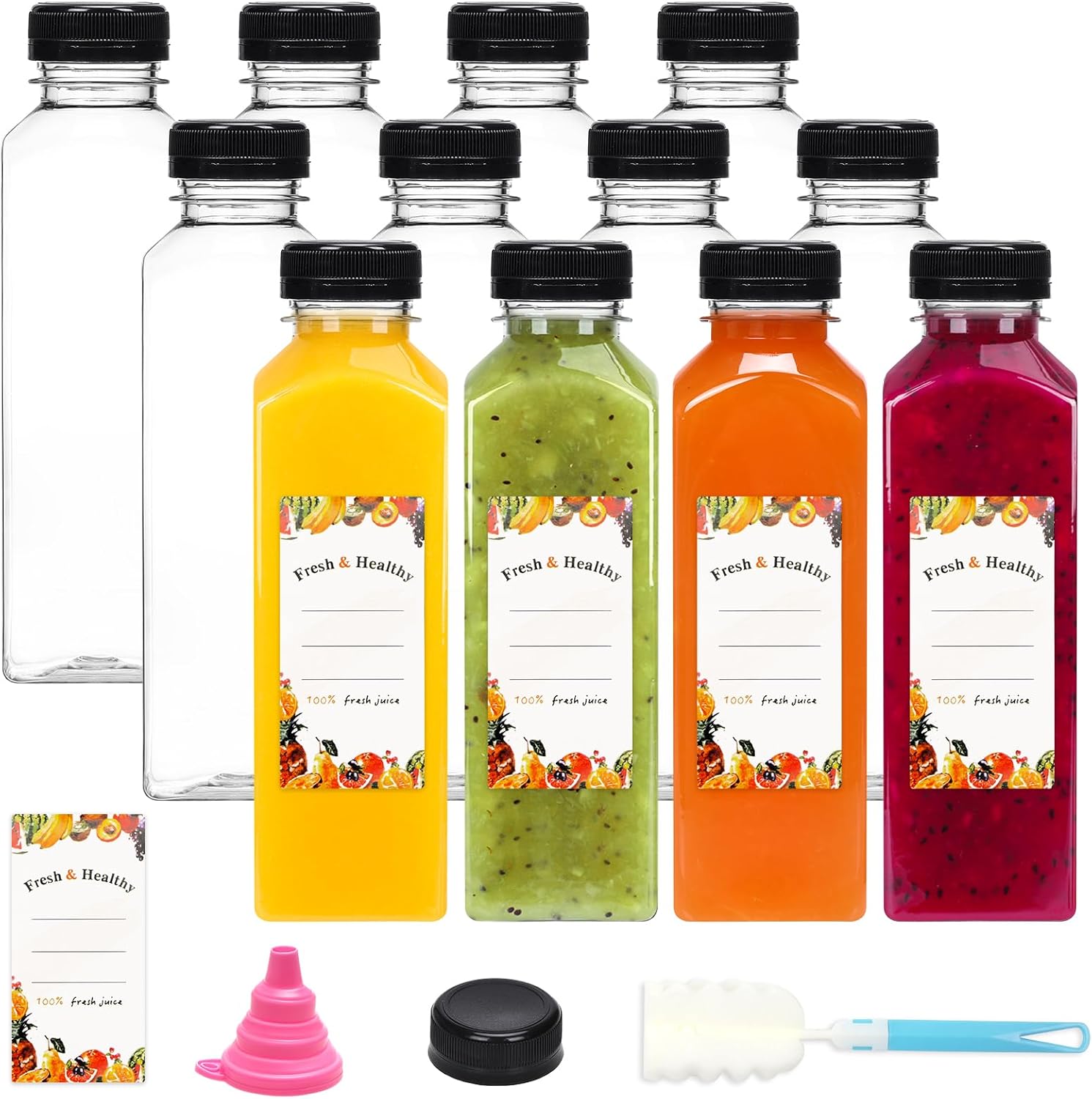 Moretoes 128pcs 16oz Empty Plastic Juice Bottles with Caps, Bulk Clear Beverage Containers for Juicing Drinking Milkshake Tea and Other Beverages