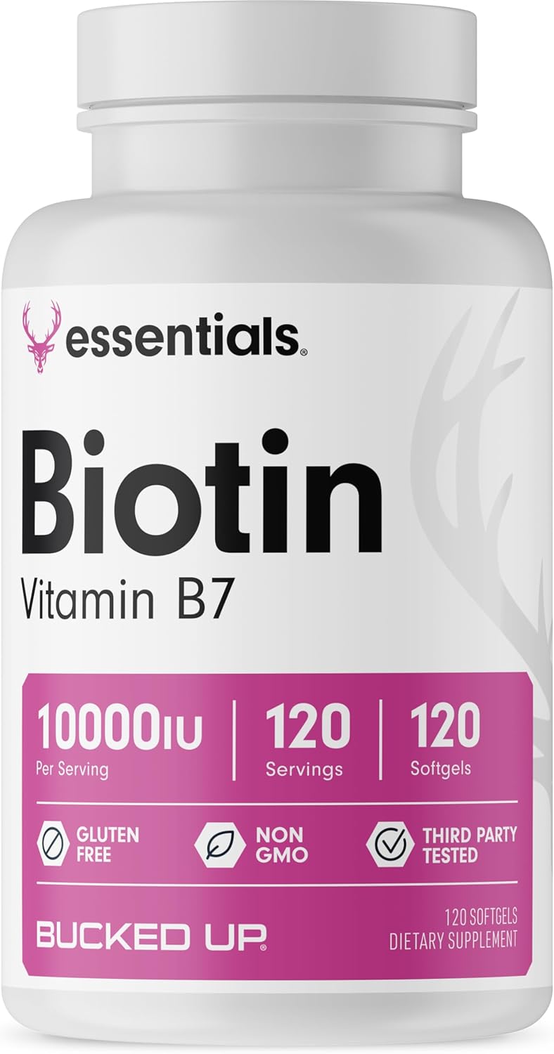 Bucked Up Biotin (Vitamin B7) 10,000IU Essentials, 120 Softgel Capsules, 120 Servings – Easy to Take – Gluten Free, Vegetarian, Non-GMO