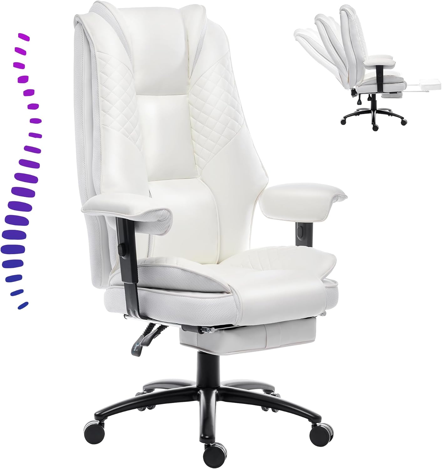 Big and Tall Reclining Office Desk Chair with Footrest, 500LBS PU Leather High Back Ergonomic Executive Chair for Home/Office/Study/Gaming（White）