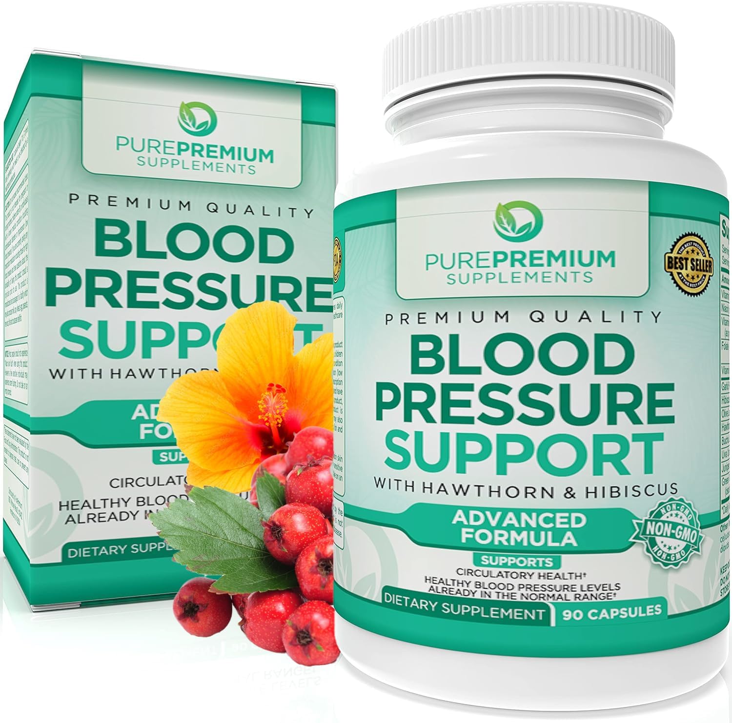 PurePremium Supplements Blood Pressure Supplements with Hawthorn Berry, Hibiscus – Nitric Oxide for Normal Blood Pressure Support w/Vitamin B12 – Garlic Supplements for Normal Nitric Oxide – 90 Caps