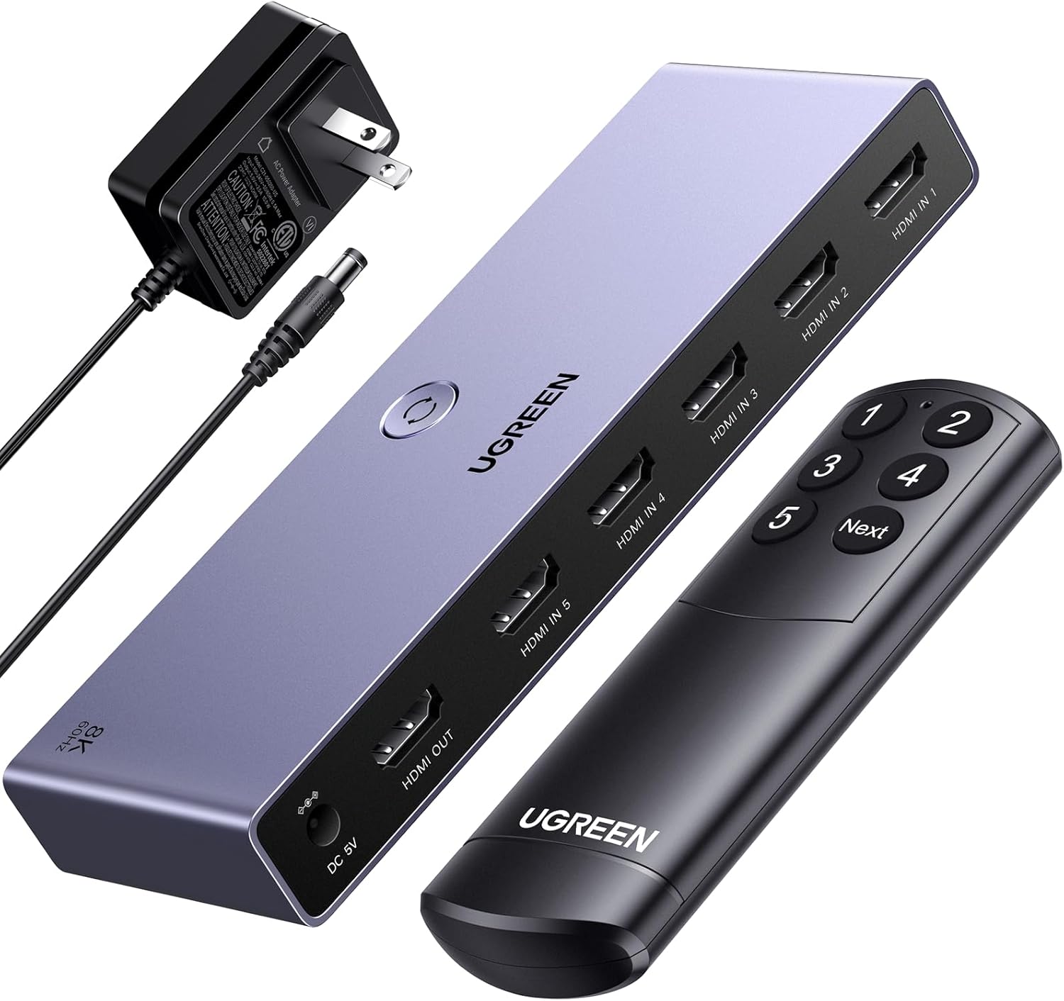 UGREEN 8K@60Hz HDMI Switch 5 in 1 Out Aluminum Support 4K@240Hz HDR10+ HDCP 2.3 CEC HDMI 2.1 Switcher Splitter with Power Adapter Compatible with PS5/4 Xbox Nintendo Switch Roku Apple TV Fire Stick