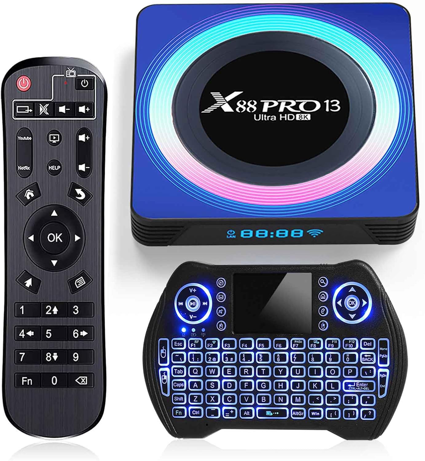 Android 13.0 TV Box 4GB 32GB X88 Pro 13 Android TV Box 2024 RK3528 8K Smart TV Box with WiFi 6 2.4G/5.8G USB 3.0 BT 5.0 HDR 10+ with Mini Backlit Keyboard