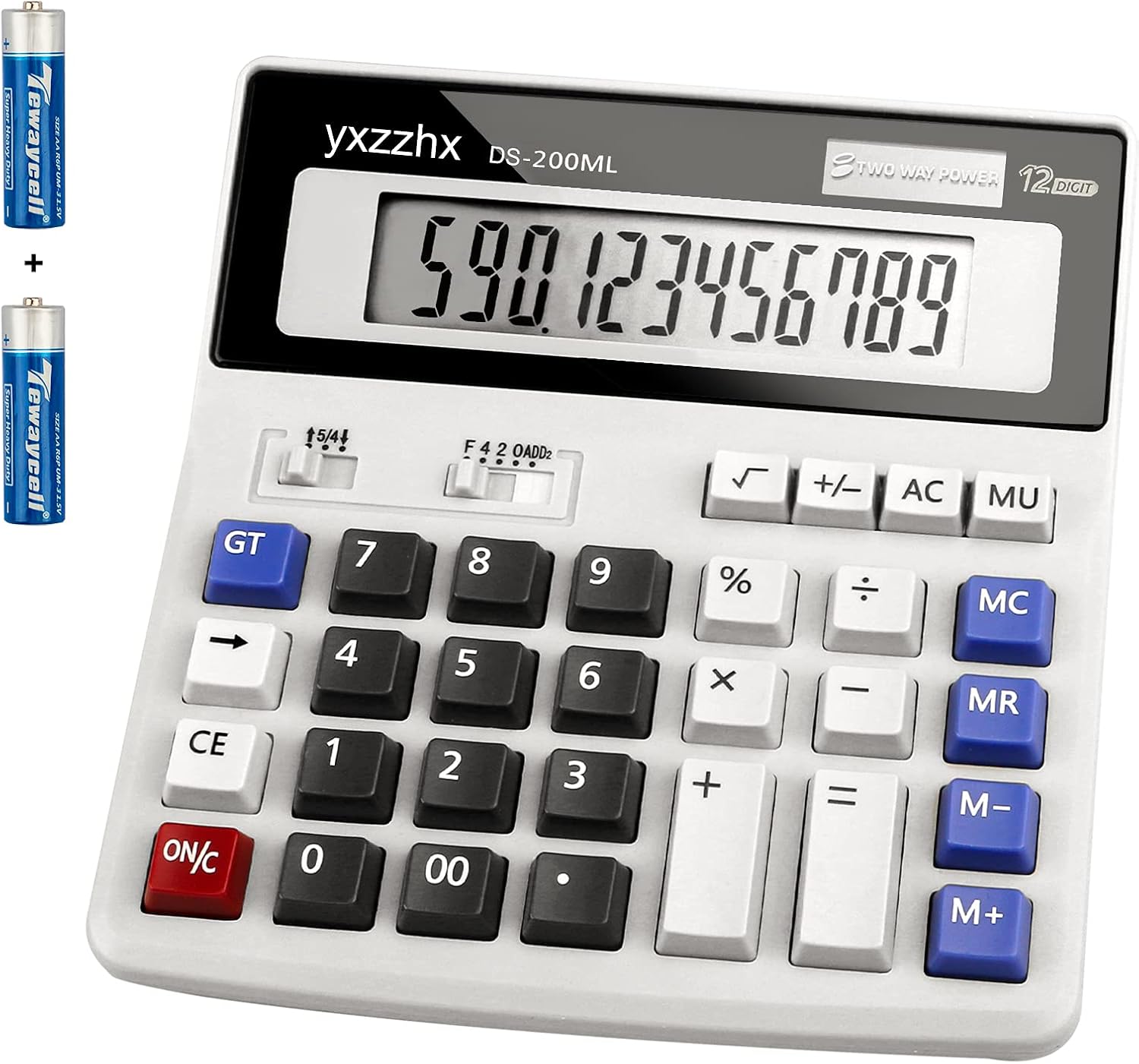 Desk Calculator 12 Digit Extra Large 4.3-Inch LCD Display, Two Way Power Battery and Solar Calculators Desktop, Big Buttons Easy to Press Used as Office Calculators for Desk White