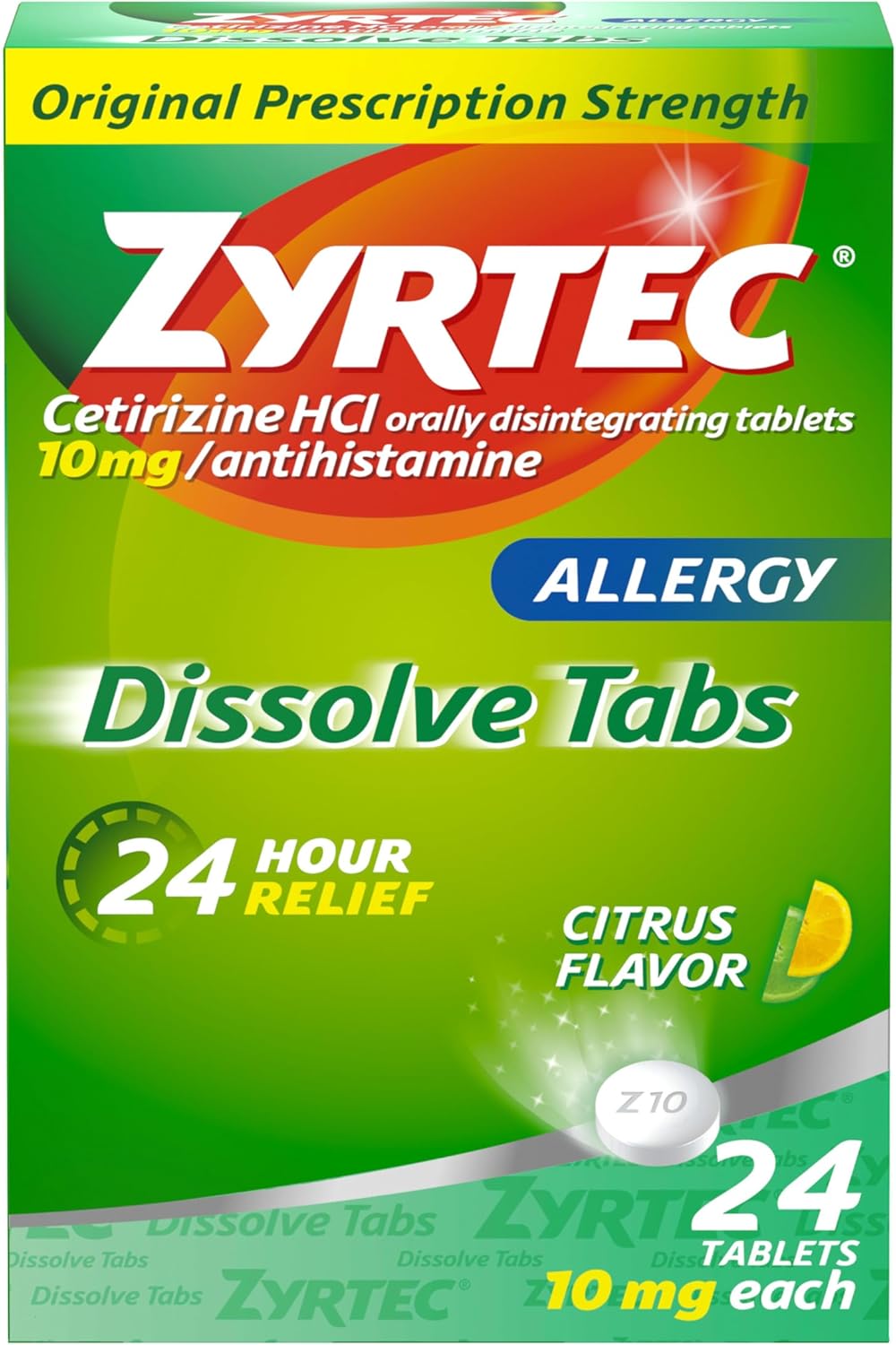 Zyrtec 24 Hour Allergy Relief Dissolving Tablets with 10 mg Cetirizine HCl Antihistamine, Allergy Medicine for Relief from Allergies Caused by Ragweed & Tree Pollen, Citrus Flavor, 24 ct