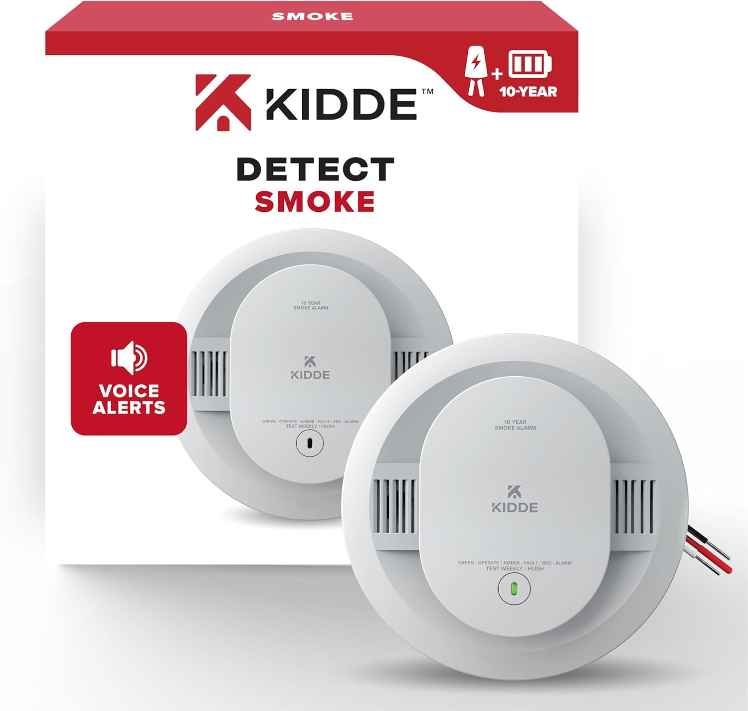 Kidde Hardwired Smoke Detector, 10-Year Battery Backup, Voice Alerts, Interconnectable, LED Warning Light Indicators