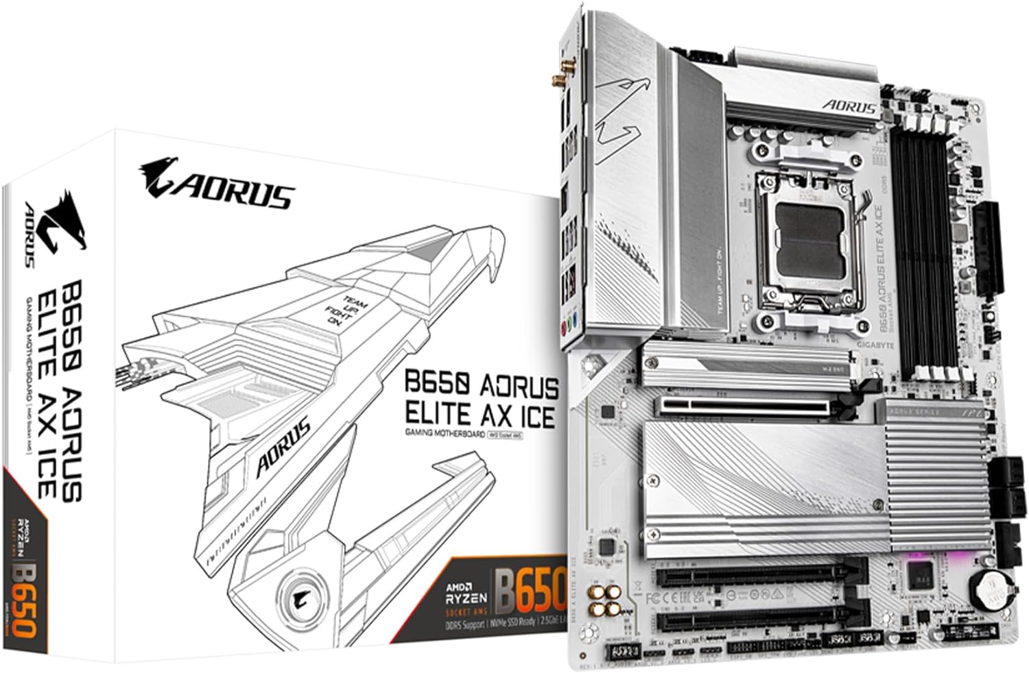 GIGABYTE B650 AORUS Elite AX ICE (AM5/ LGA 1718/ AMD/ B650/ ATX/ 5-Year Warranty/ DDR5/ Triple M.2/ PCIe 5.0/ USB 3.2 Gen2X2 Type-C/WiFi 6E/ 2.5GbE LAN/Snow White/EZ-Latch/Motherboard)