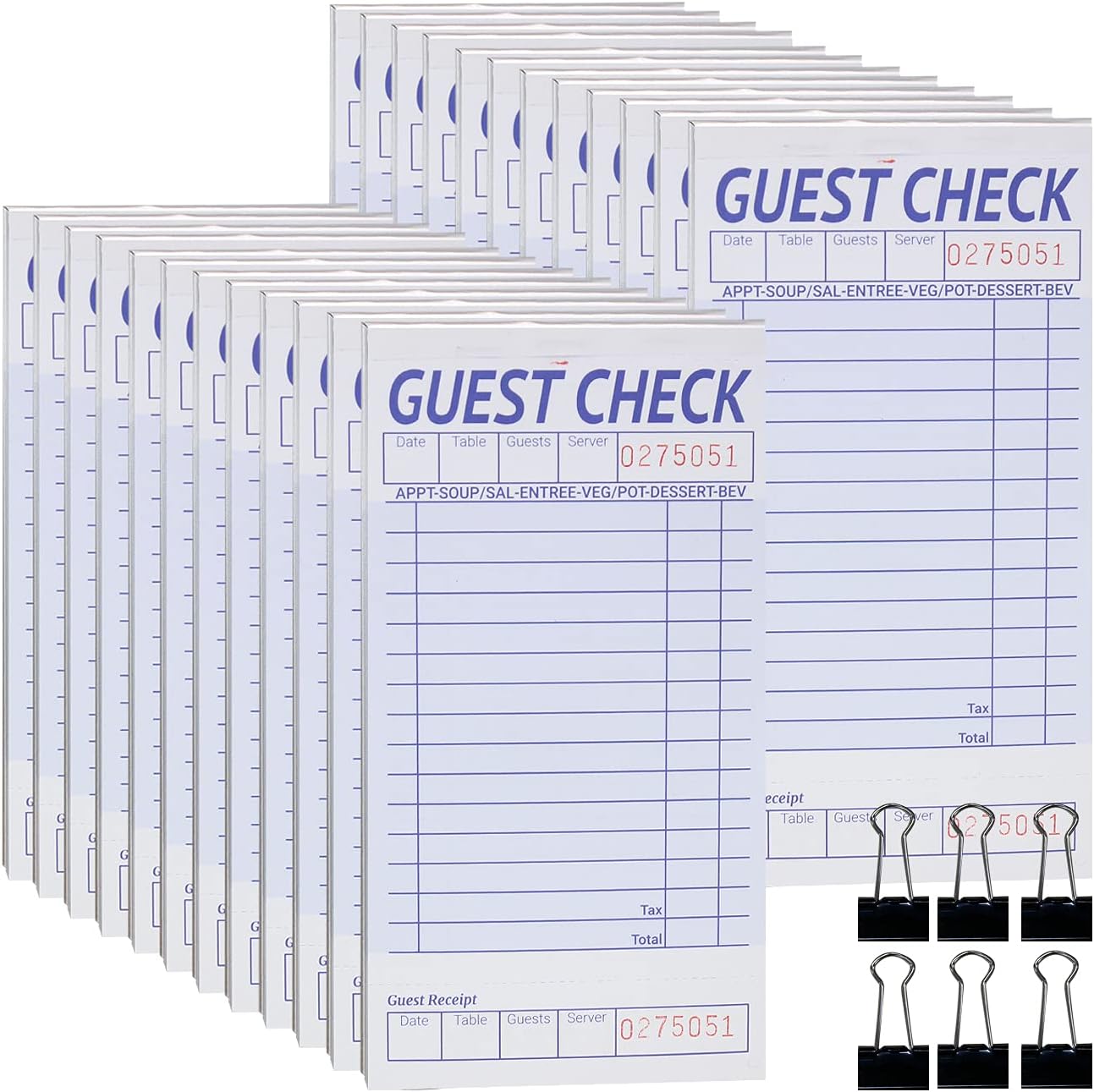 24 Pack Guest Check Book Board/Pads, Server Note Pads and Waitress Order Pads, Waitress Book for Restaurant, 1 Part Booked with 15 Lines, 50 Checks Per Book, with 6 Clips