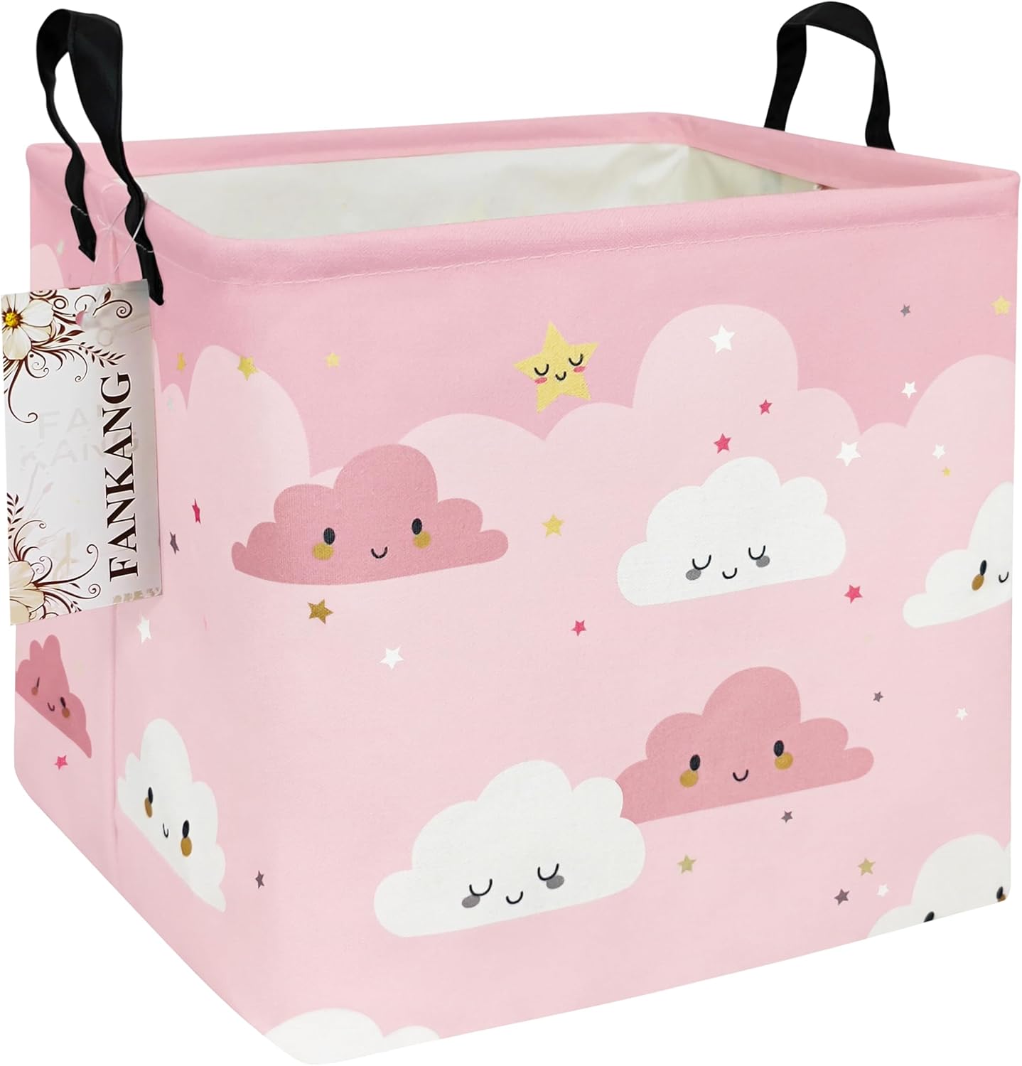 FANKANG Square Nursery Hamper Storage Bins Canvas Laundry Basket Foldable with Waterproof PE Coating Storage Baskets Gift Baskets for Children, Office, Bedroom, Clothes（Square-pink cloud ）