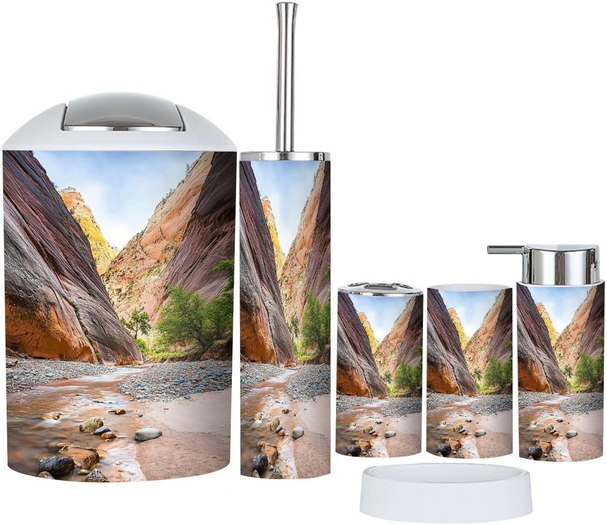 Bathroom Accessory Set 6 Piece Canyon Zion National Park Utah Toothbrush Holder, Toothbrush Cup, Soap Dispenser, Soap Dish, Toilet Brush Holder, Trash can