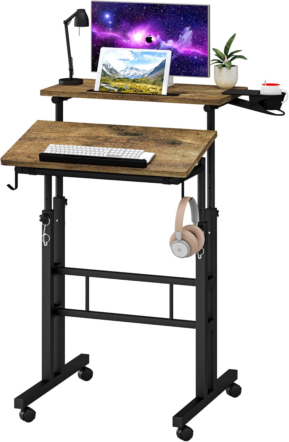 Klvied Rolling Mobile Desk with Cup Holder, Portable, Adjustable Height Small Stand up Desk on Wheels for Home Office Laptop Cart, Computer, Standing or Sitting,Oak