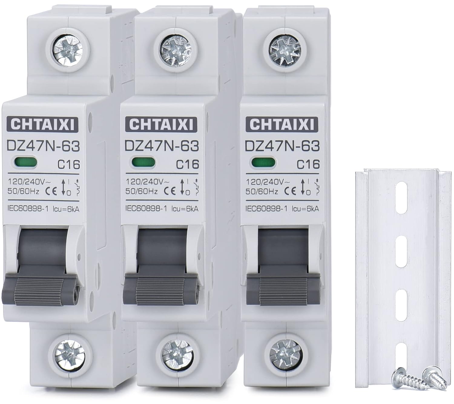 3 Pack 1 Pole Miniature Circuit Breaker, 16 Amp 120V/240V AC DIN Rail Mount Circuit Breaker, Thermal Magnetic Trip MCB C16