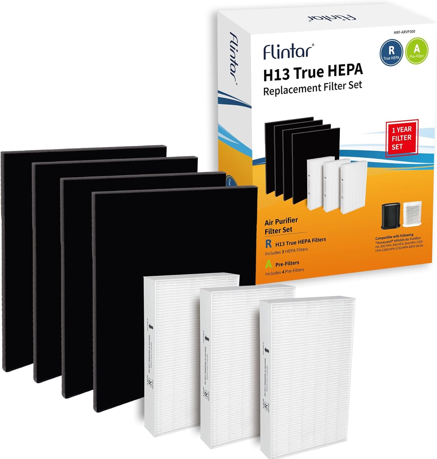 Flintar HPA300 H13 HEPA Replacement Filter A/R Combo Pack, Compatible with Honeywell Air Purifier HPA300 Series, (3) H13 True HEPA Filter R + (4) Pre-Cut Activated Carbon Pre-Filter A