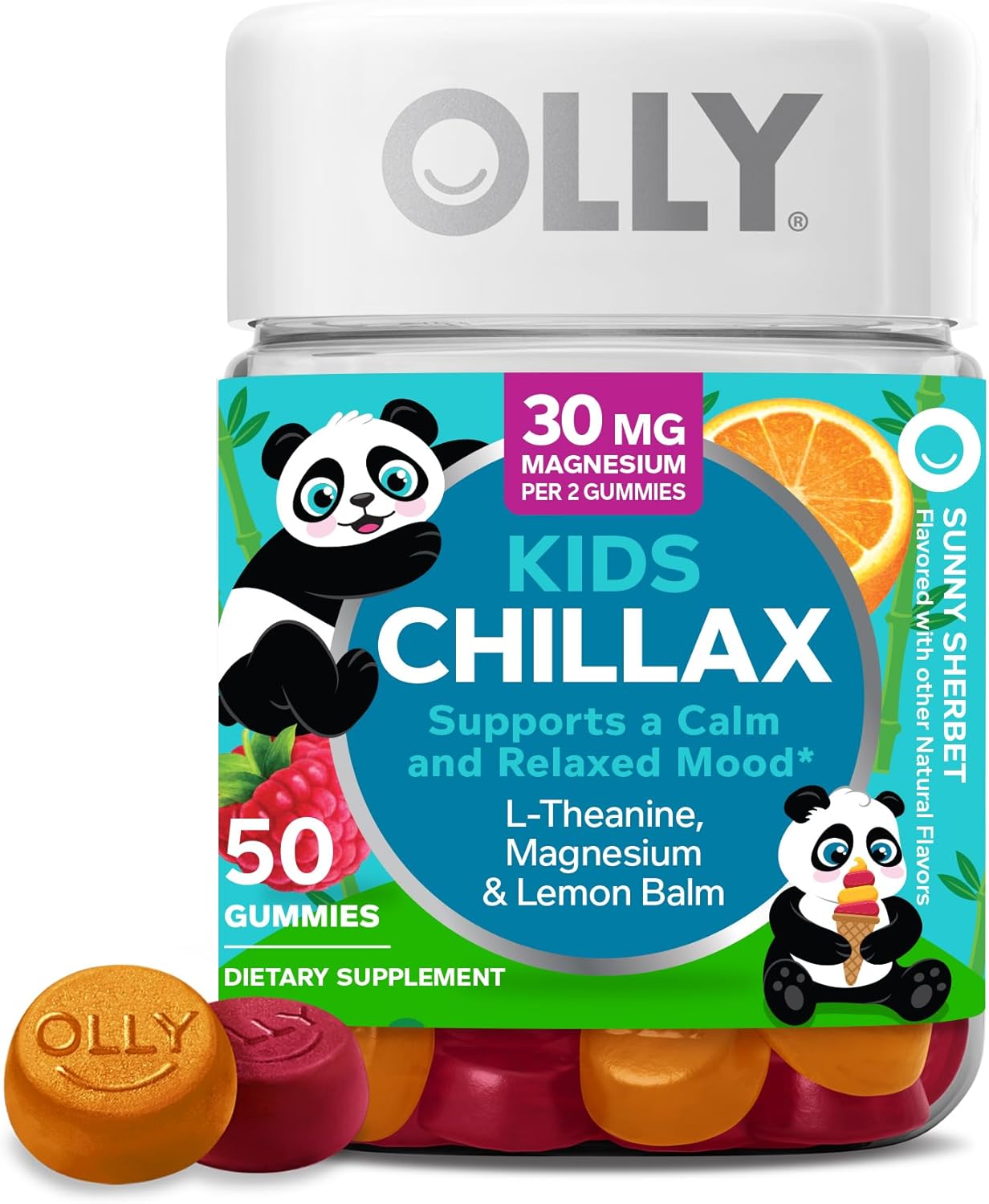 OLLY Kids Chillax Gummies, L-Theanine, Magnesium, Lemon Balm, Chewable Supplement, Sherbet Flavor with Other Natural Flavor – 50 Count