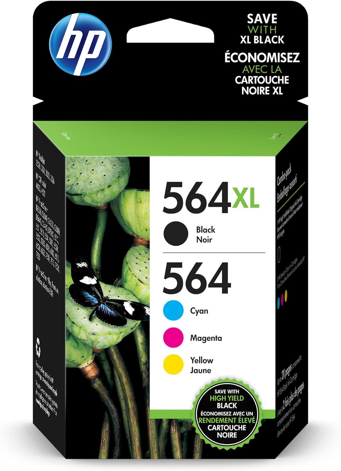 HP Original 564 Cyan, Magenta, Yellow / 564XL Black Ink (4-Pack) | Works DeskJet 3500; OfficeJet 4620; PhotoSmart B8550, C6300, D5400, D7560, 5500, 6500, 7500, Plus, Premium, eStation