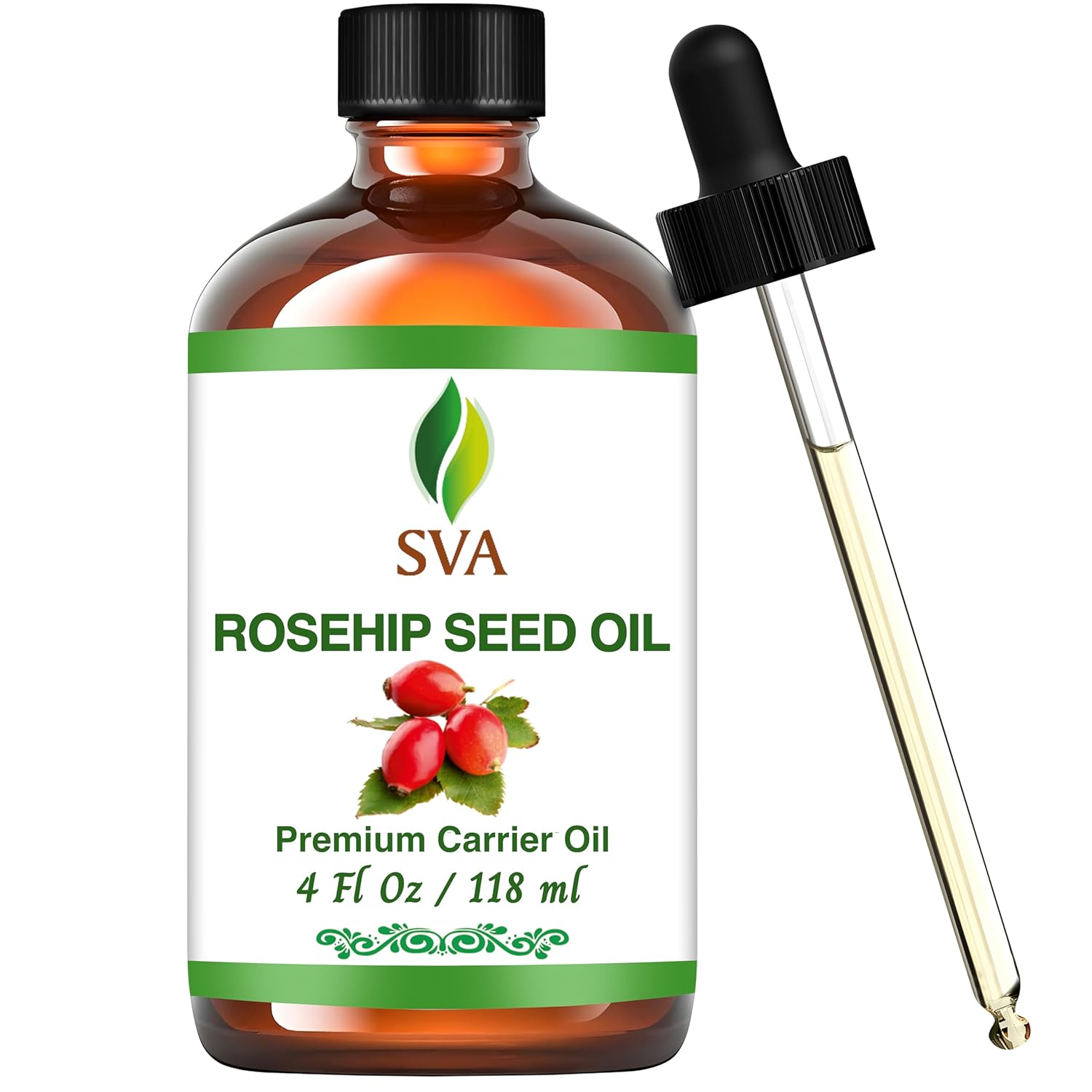 SVA Rosehip Seed Oil – 4 Fl Oz – 100% Natural Cold Pressed Rosehip Oil – for Face, Skin Care, Hair Care, Scalp Massage & Body Massage – Carrier Oil with Dropper