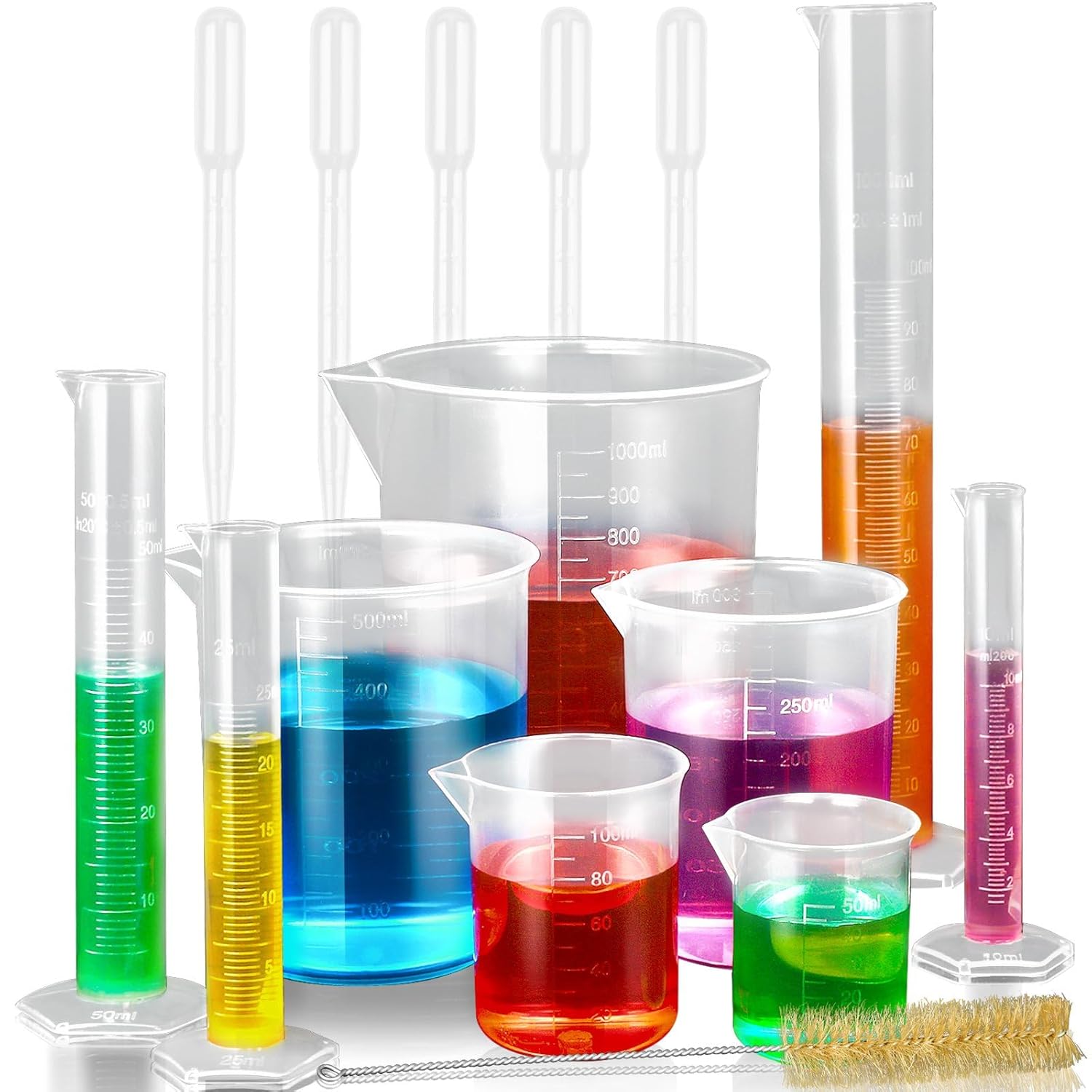 moveland Plastic Graduated Cylinders and Beakers with 5 Pipettes, 10ml 25ml 50ml 100ml Cylinders, 50ml 100ml 250ml 500ml 1000ml Beakers, Ideal for DIY and Kids Science Lab