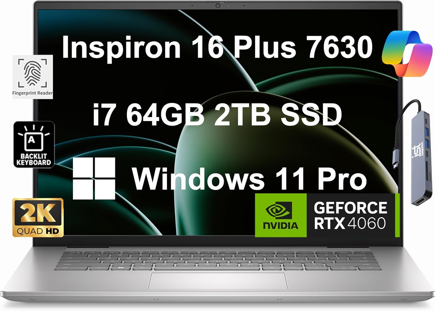 Dell Inspiron 16 Plus 7630 Business Laptop (NVIDIA RTX 4060 8GB GPU, 16″ QHD (2560 x 1600) 120Hz, i7-13620H, 64GB DDR5, 2TB SSD) for Creator, Designer, Backlit KB, FP, IST Hub, FHD Webcam, Win 11 Pro