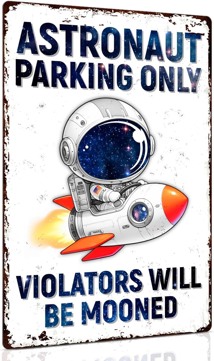 ALKB Kids Space Gifts Outer Space Decor For Boy’s Room – Astronaut Parking Only Sign, 8 x 12 Inch Astronaut Decor Metal Sign