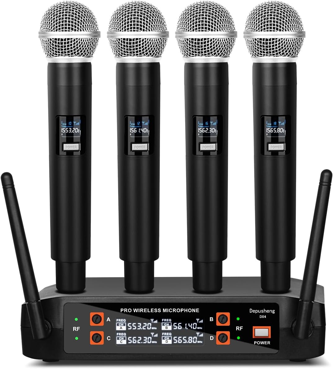 Depusheng DX4 Wireless Microphone, Professional 4 Channels Karaoke Handheld System for Home Karaoke, Meeting, Party, Church, DJ, Wedding, Home KTV Set