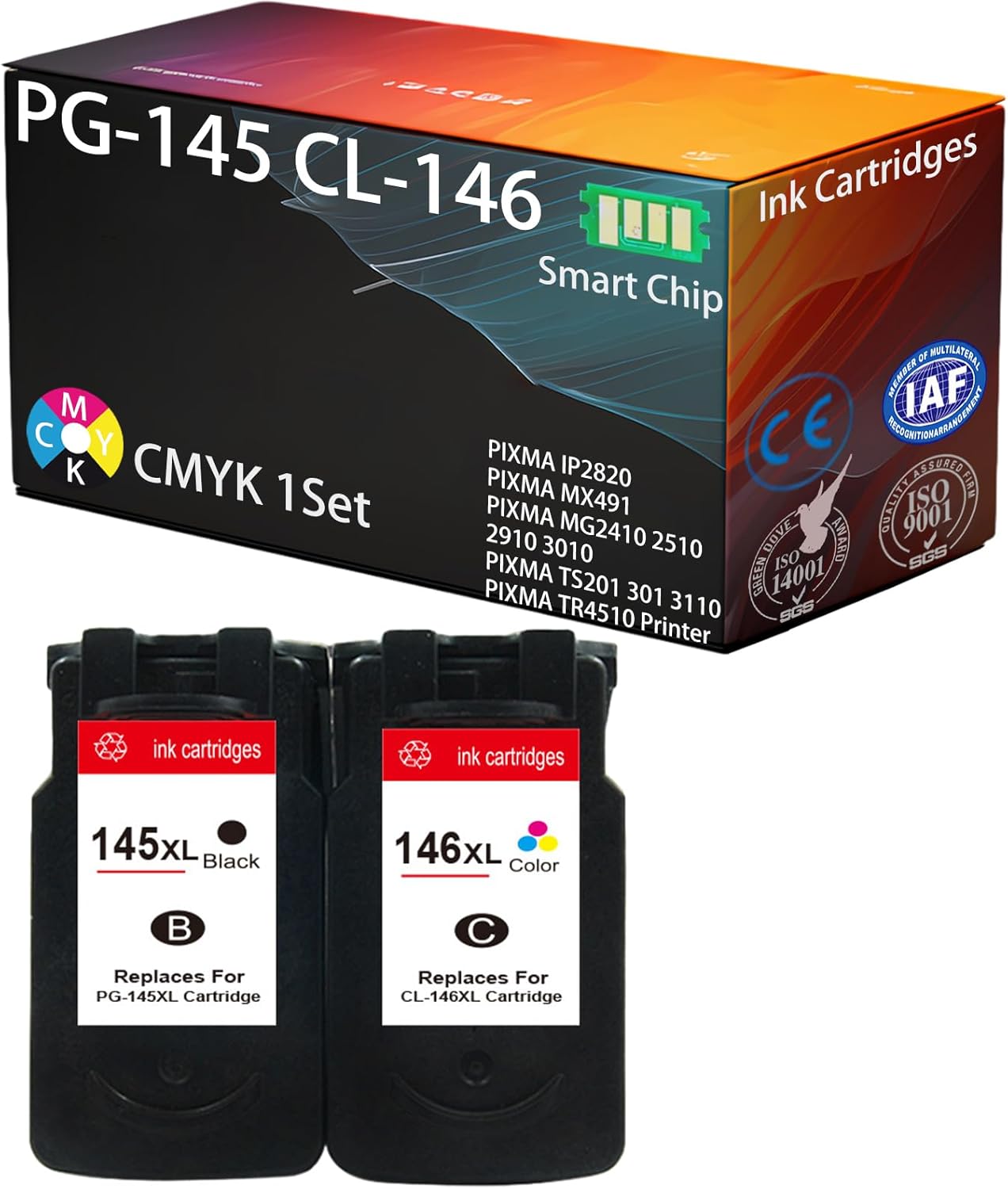 Compatible for Canon PIXMA IP2820 PIXMA MX491 PIXMA MG2410 2510 2910 3010 PIXMA TS201 301 3110 PIXMA TR4510 Printer, PG-145 CL-146 Ink Cartridges, High-Yield 350 Pages (C/M/Y/K 1Set)