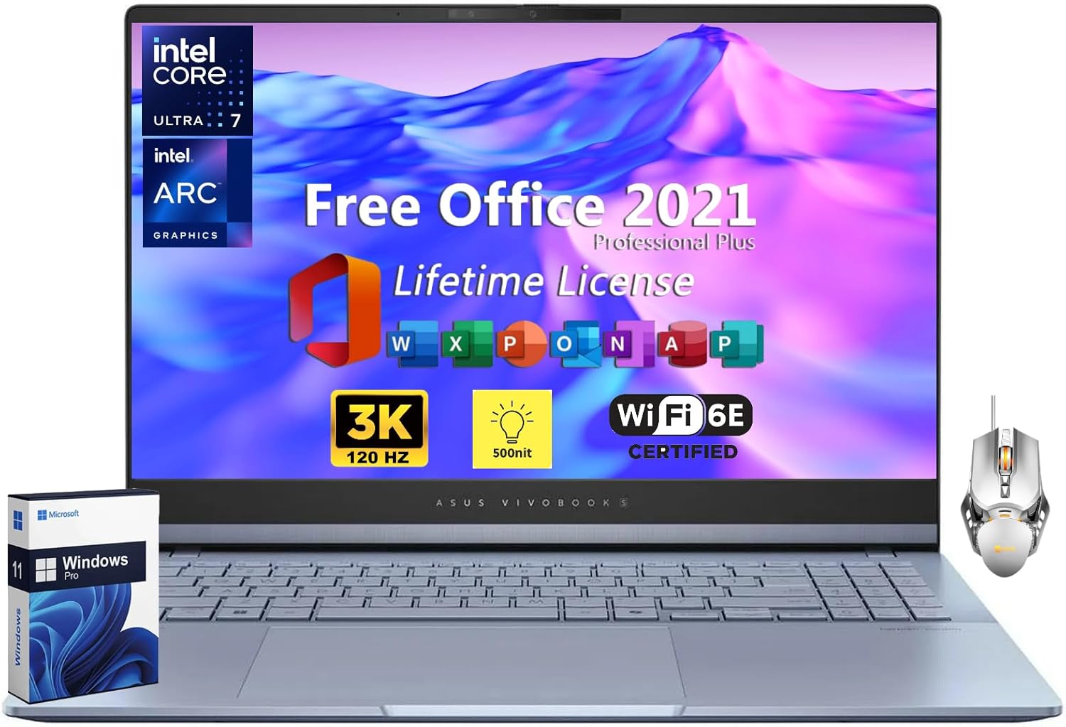 ASUS Newest Vivobook S 15 Laptop, 15.6″ 3K 120Hz OLED 100% RGB Color Gamut, Intel Ultra 7-155H, 16 GB DDR5, 2 TB SSD, WiFi 6E, Backlit KB, Up to 16 Hrs, Win11 Pro & Office Pro Lifetime License, Mouse