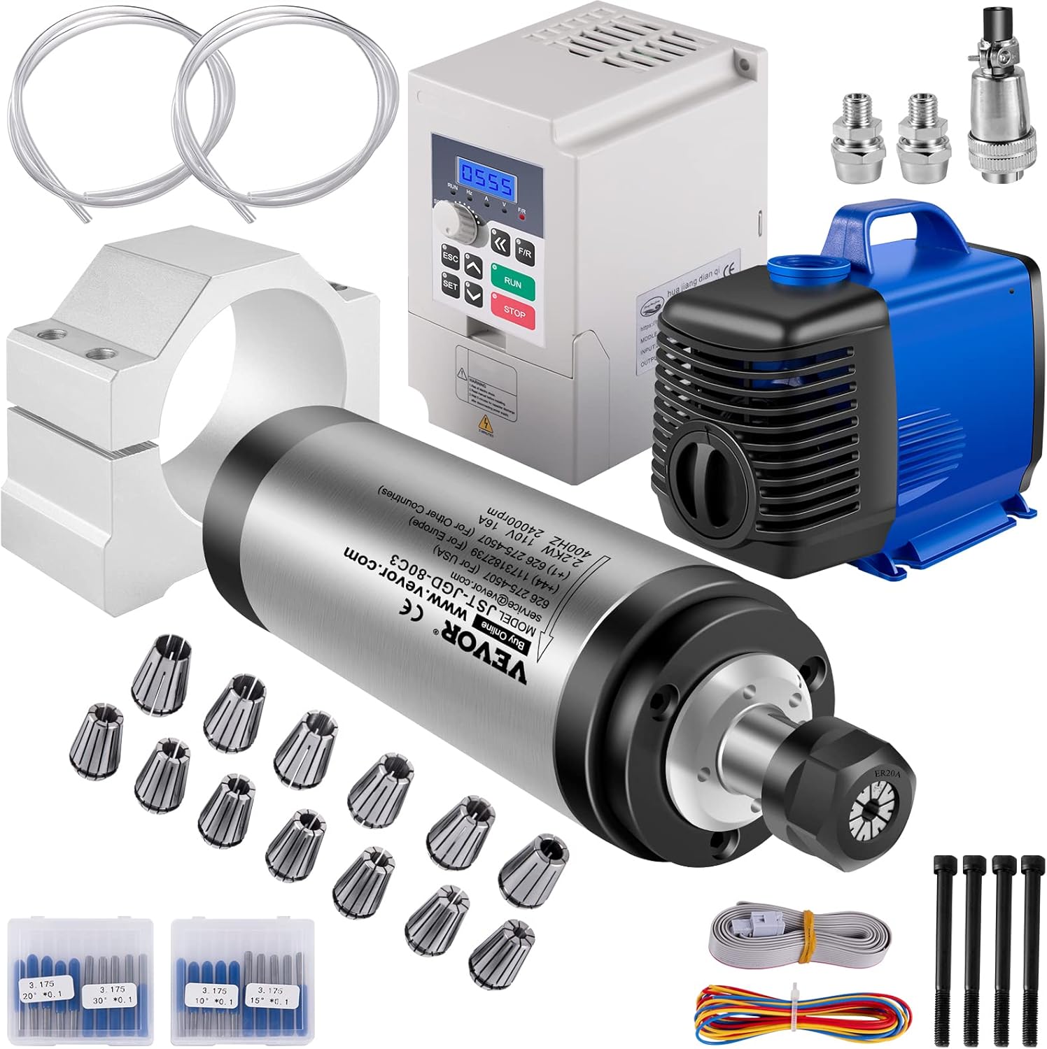 VEVOR VFD CNC Spindle Motor Kits 110V CNC Spindle Motor Kits 2.2KW Water Cooled Spindle Motor 400HZ 24000RPM VFD 3HP Water Pump 80W Water Pipe 6m&13pcs Collet CNC Kit&20pcs Mill Bits for CNC Engraver