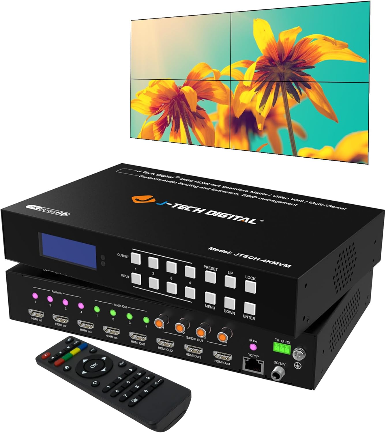 J-Tech Digital 4K 60Hz 4×4 Seamless HDMI Matrix 2×2 Video Wall Controller Multiviewer, 180° Rotate, Audio Extractor, 2×2, 1×4, 1×2, 1×3, 1×4, 2×1, 3×1 Video Wall Modes (JTECH-4KMVM)