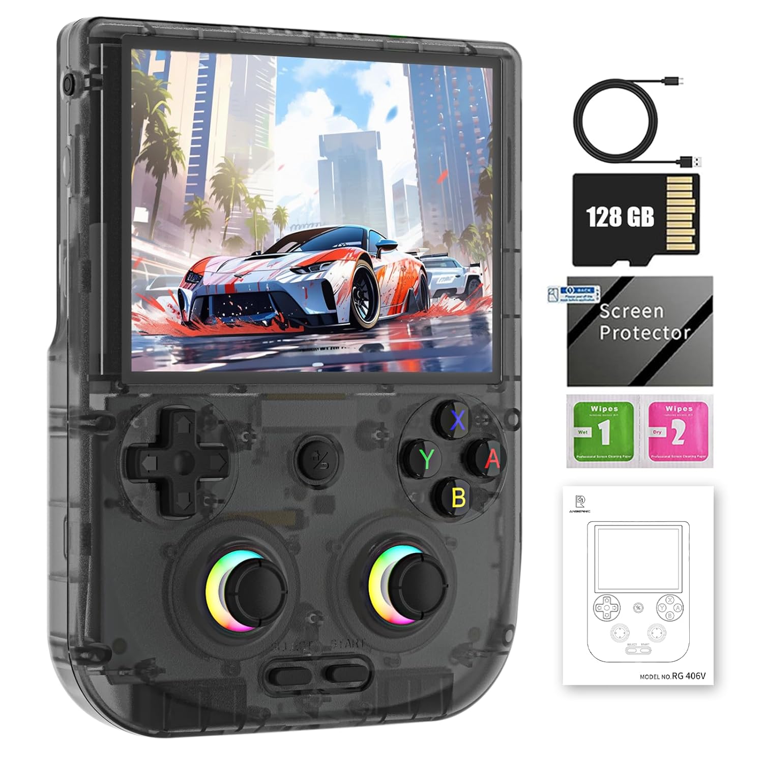 RG406V Handheld Game Console RG 406V 4-inch IPS Multi-touch Screen Retro Game Console 128G UFS2.2 Android 13 Retro Emulator RG406V 5500mAh Battery Support 1080p DP Output WIFI Bluetooth Black