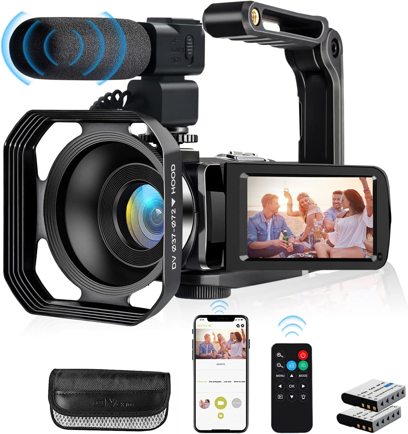 4K Video Camera, Camcorder 48MP Ultra HD WiFi Vlogging Camera for YouTube 18X Zoom 3.0″ Touch Screen Digital Camera with Microphone, Stabilizer, Lens Hood, Remote, 2 Batteries