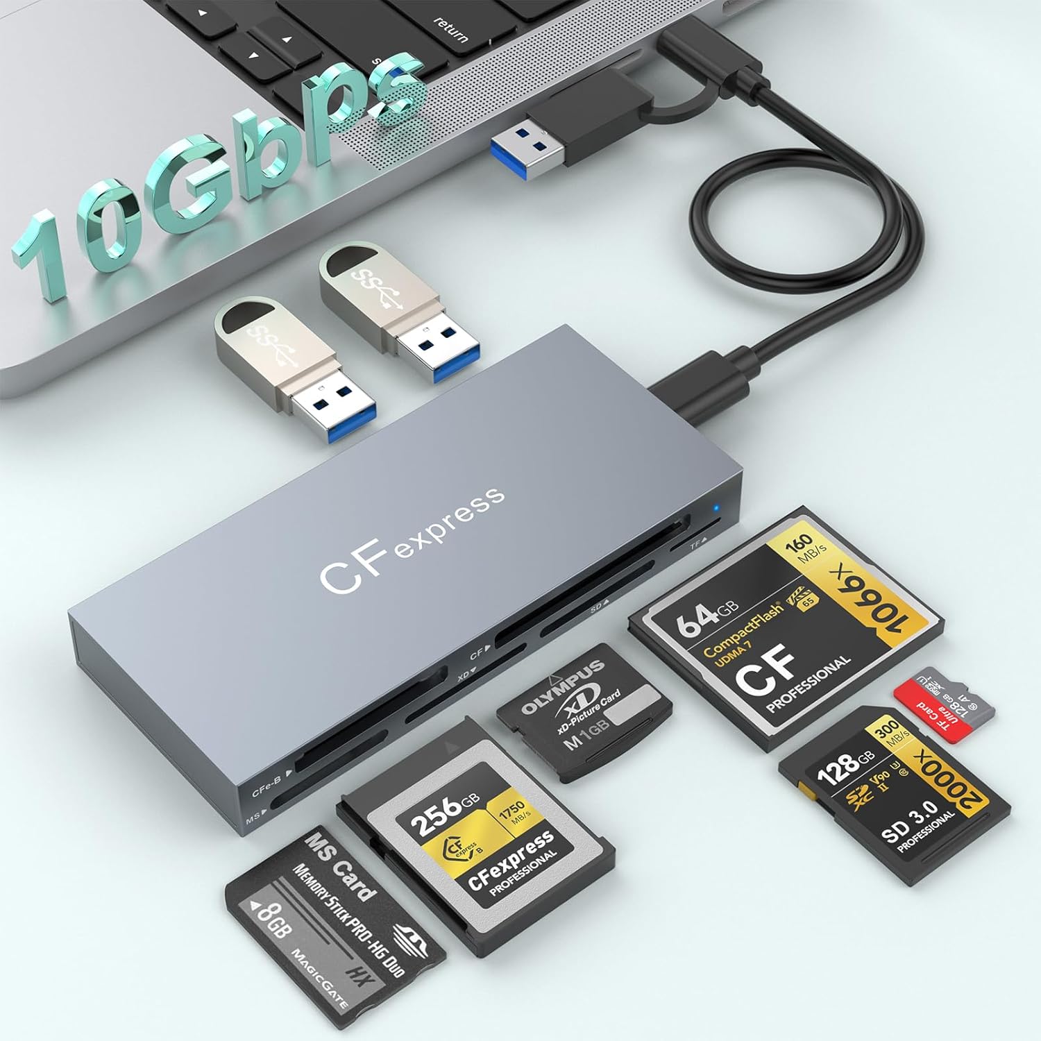 8 in 1 CFexpress Type B Card Reader, Multi CF Express Card Reader with CFexpress B/SD/TF/CF/XD/MS/2 USB A Ports, USB 3.2 Gen2 10Gbps CFexpress Adapter Memory Card Reader for Windows/Mac/Linux/Android