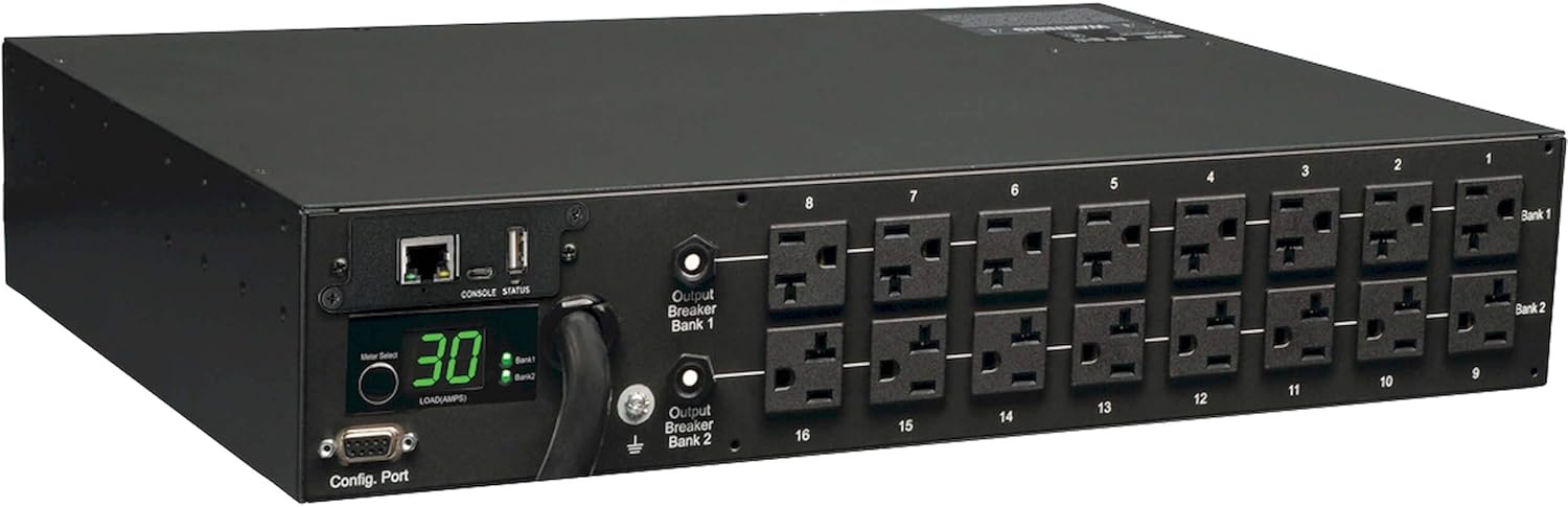 Tripp Lite Monitored PDU, 30A, 16 Outlets (5-15/20R), 120V, L5-30P, 10 ft. Cord, 2U Rack-Mount Power (PDUMNH30),Black