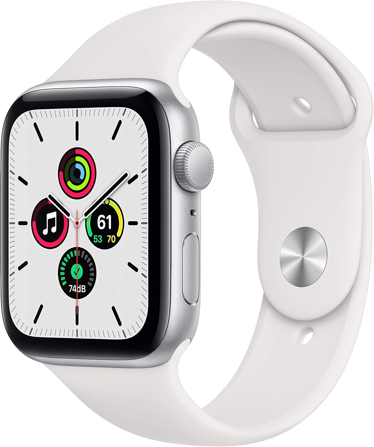 Apple Watch SE (GPS, 44mm) – Silver Aluminum Case with White Sport Band (Renewed)