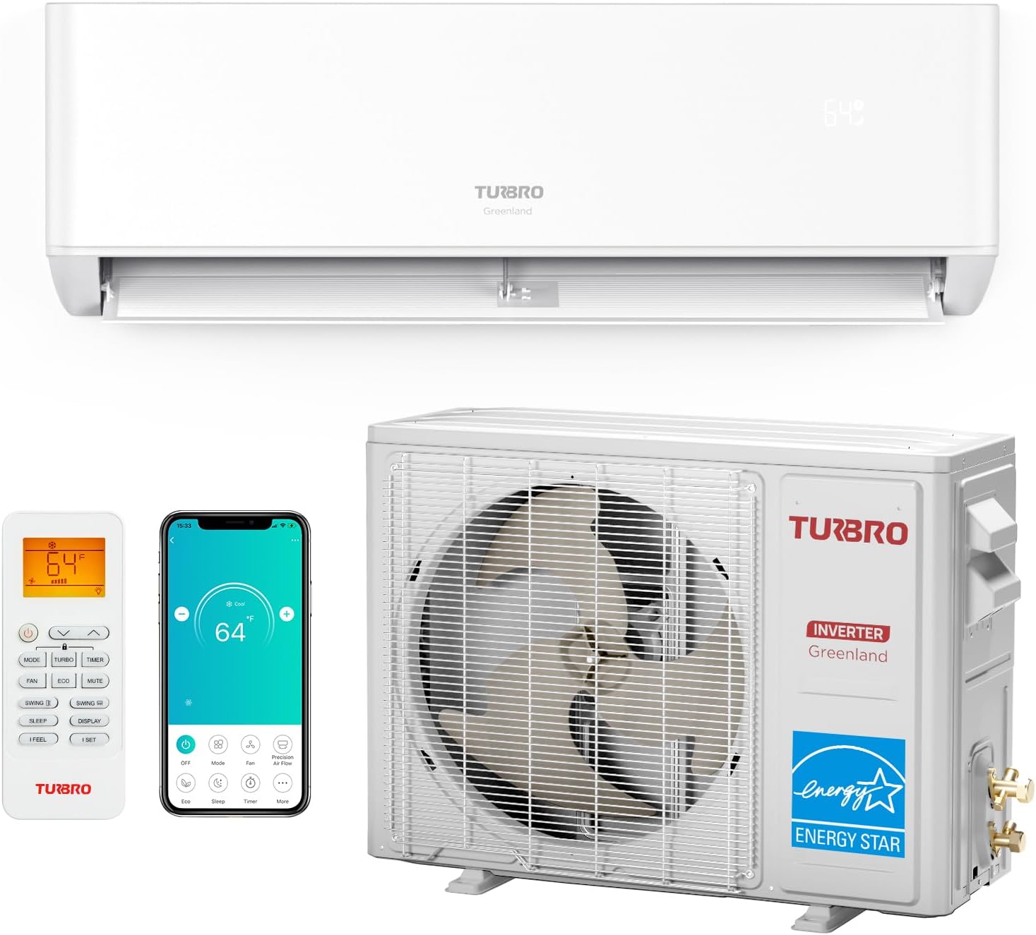 TURBRO 9,000 BTU Ductless Mini Split Inverter AC with Heat Pump, 23.5 SEER2, 230V, WiFi-Enabled, Cools up to 450 Sq.Ft, Energy Star, Greenland Series