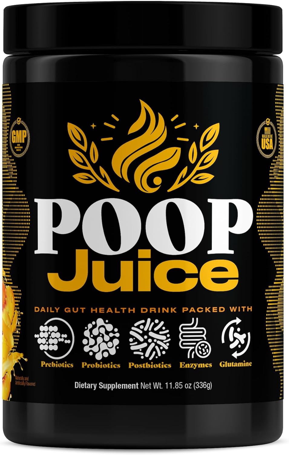 Poop Juice 5-in-1 Prebiotic, Probiotic, Postbiotic, Digestive Enzymes & Glutamine Supplement – Bloat Relief, Gut Health & Immune Support – Sugar-Free, Dye-Free- Georgia Peach Mango, 30 Servings