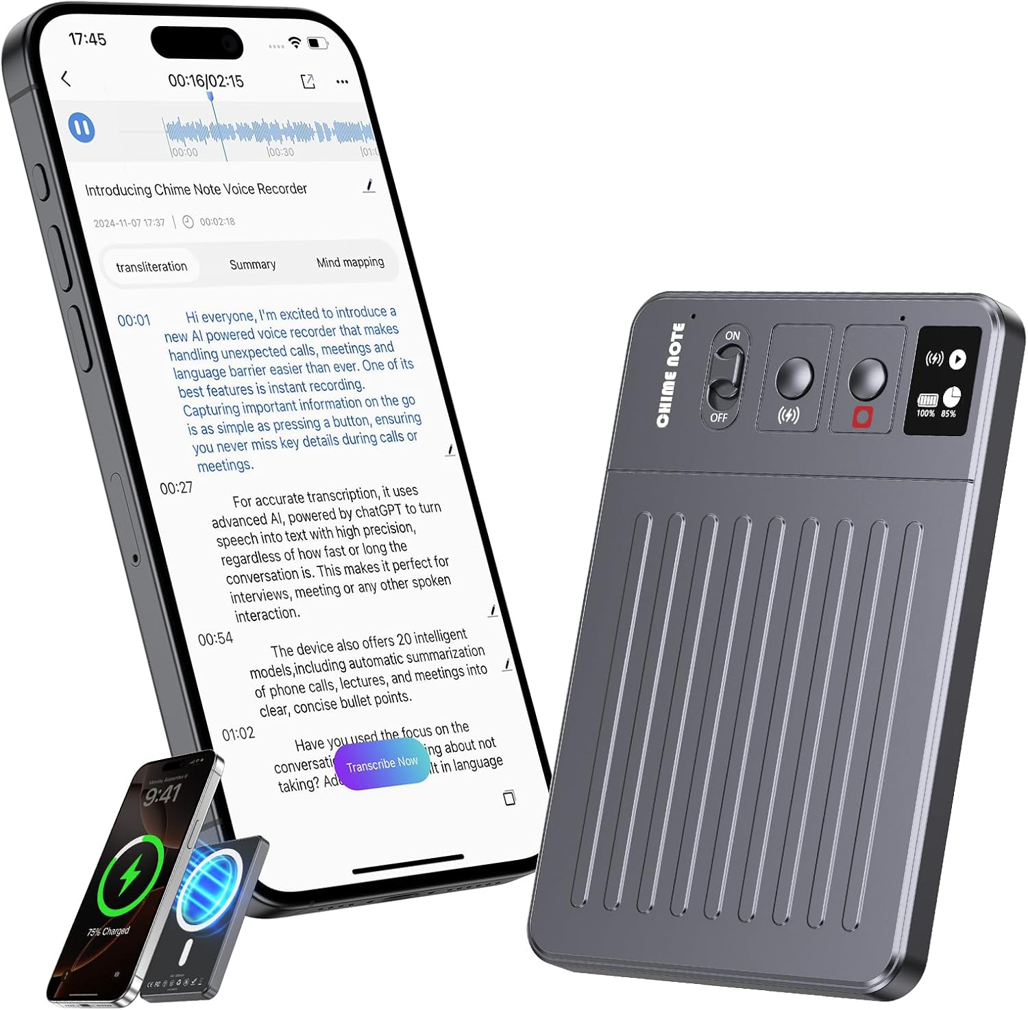 AI Voice Recorder, Voice Recorder with APP Control, No Fee for Transcribe & Summarize Empowered by ChatGPT, Support 107 Languages, 64GB Memory, Audio Recorder for Meetings, Lectures, Calls, Grey