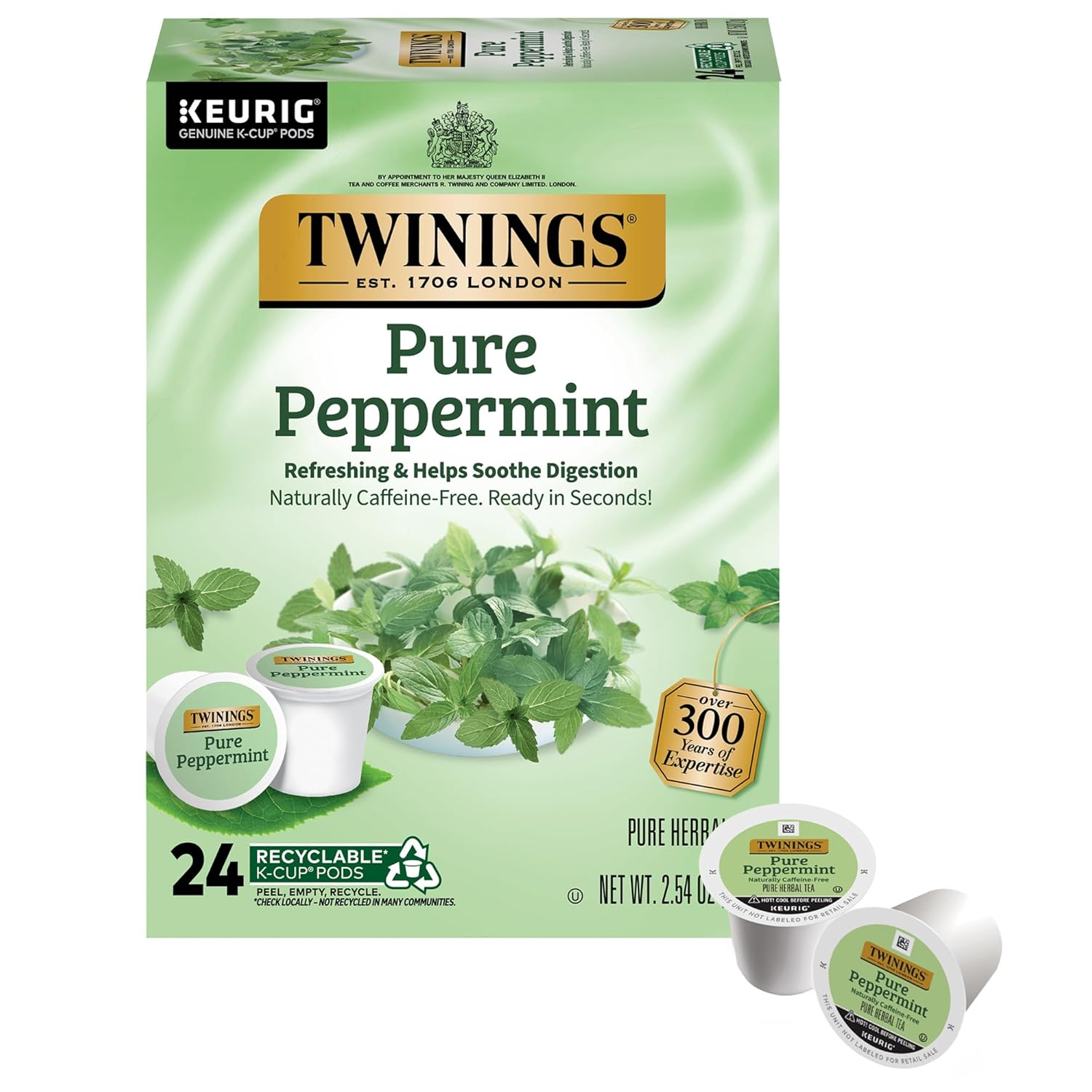 Twinings Pure Peppermint Herbal Tea K-Cup Pods for Keurig, 24 Count (Pack of 1), Made with 100% Pure Peppermint, Naturally Caffeine-Free, Enjoy Hot or Iced | Packaging May Vary