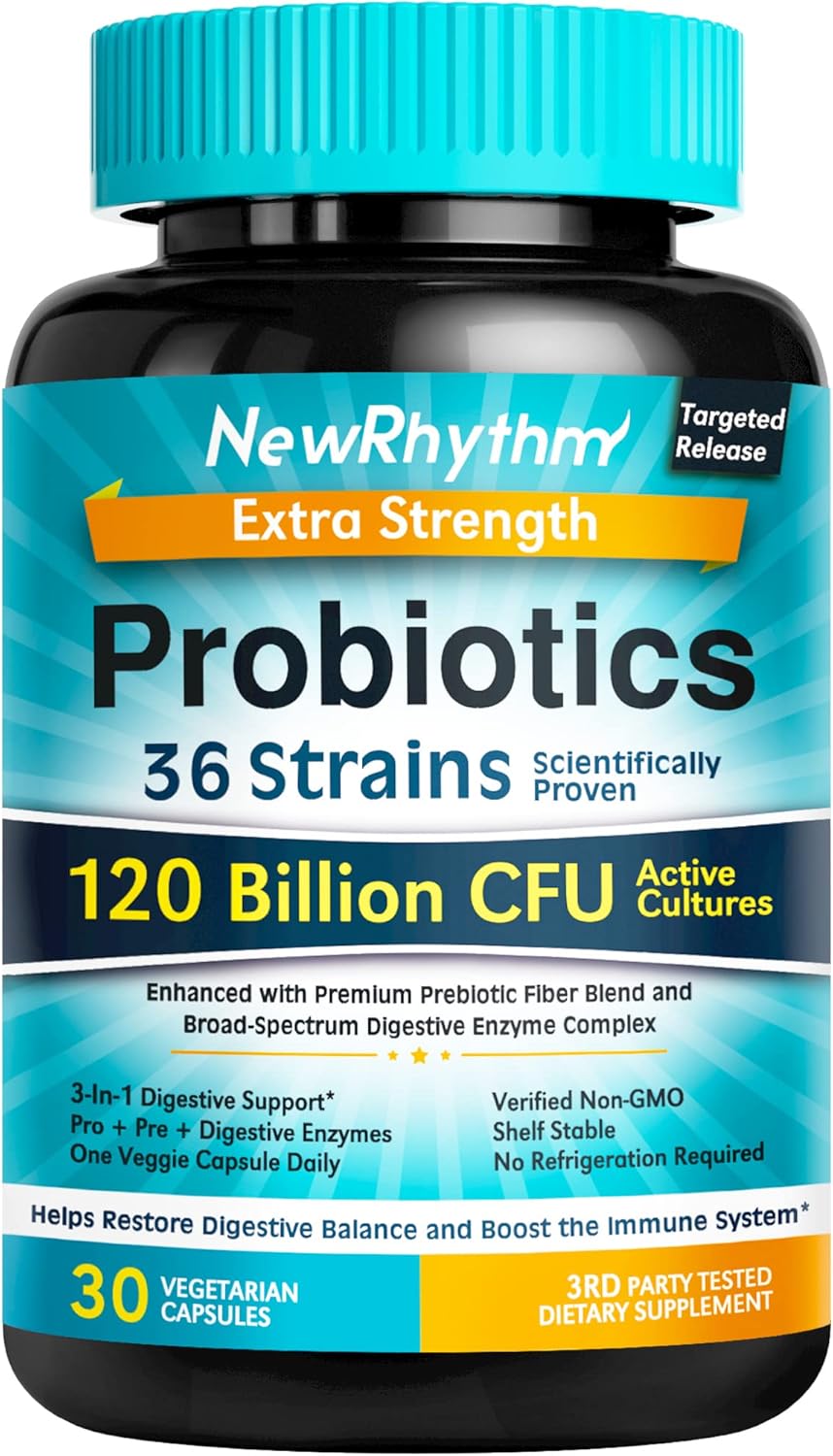 NewRhythm Probiotics 120 Billion CFU 36 Strains, 3-in-1 Probiotics for Digestive Health & Immune Support with Prebiotics & Enzymes, Probioticos for Women & Men, Vegan Targeted Release Supplement, 30ct