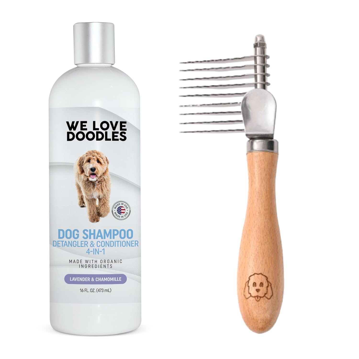 We Love Doodles Small Dog Dematting Rake & Lavender Dog Shampoo – Detangler Brush For Dogs, Comb Tool For Grooming, for Matted Pet Hair – Sensitive Skin Shampoo for Puppies – Made in The USA