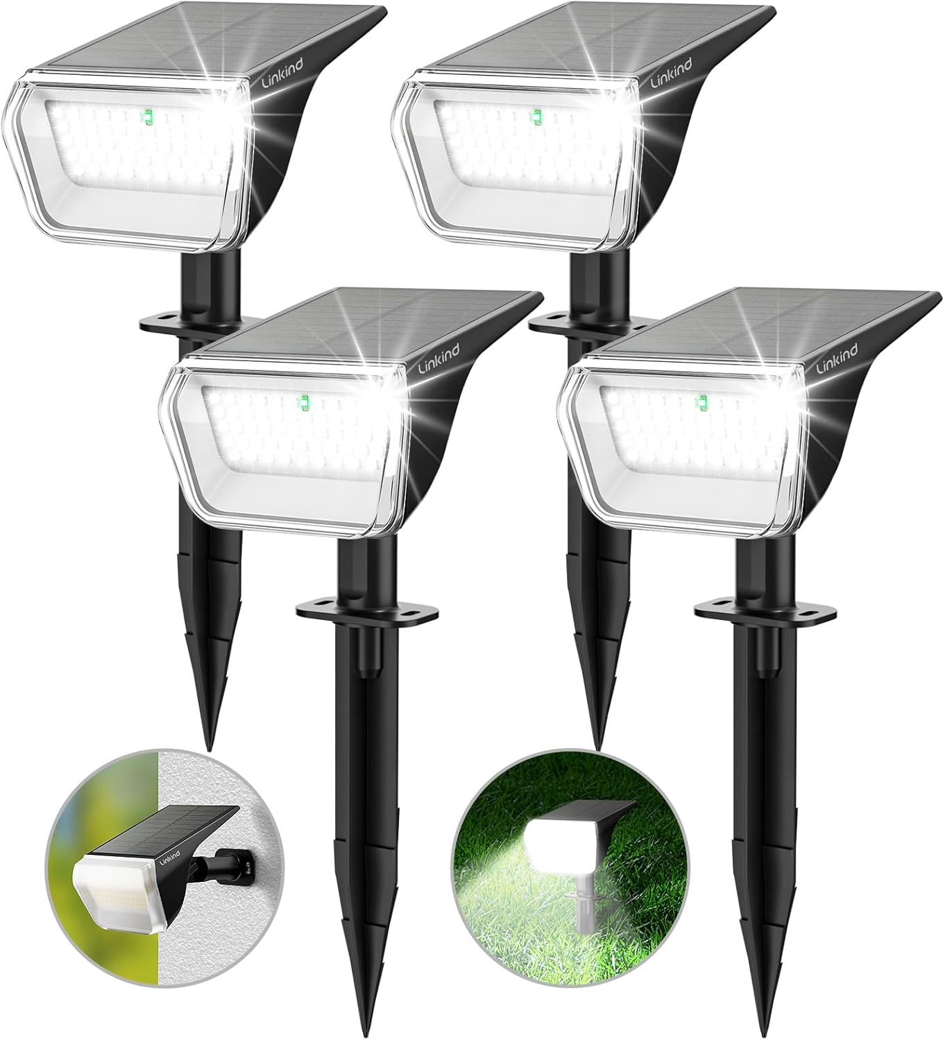 Linkind Solar Lights Outdoor 60 LEDs Solar Lights for Outside Solar Spot Lights 30% Conversion Rate Solar Landscape Lights Waterproof IP67 for Garden Yard Pathway, 4 Pack Cool White