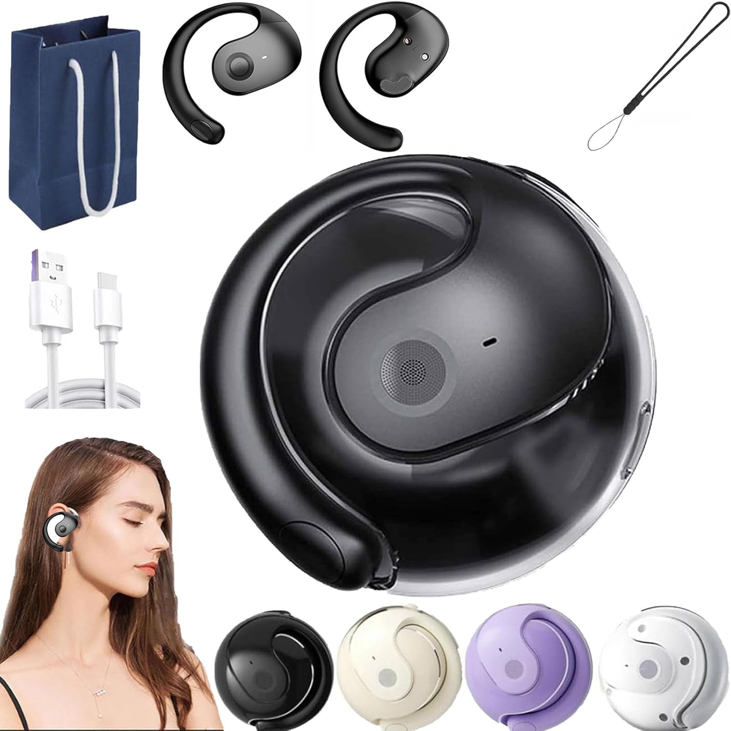 Sentdream Translation Headphones,Sentdream Translator,Sentdream Ai Earbuds,Hy-T26 Earphone Wireless Bluetooth,Hanging Bluetooth 5.4 Earphones,Open Ear Headset Ball,Supports Different Languages(Black)