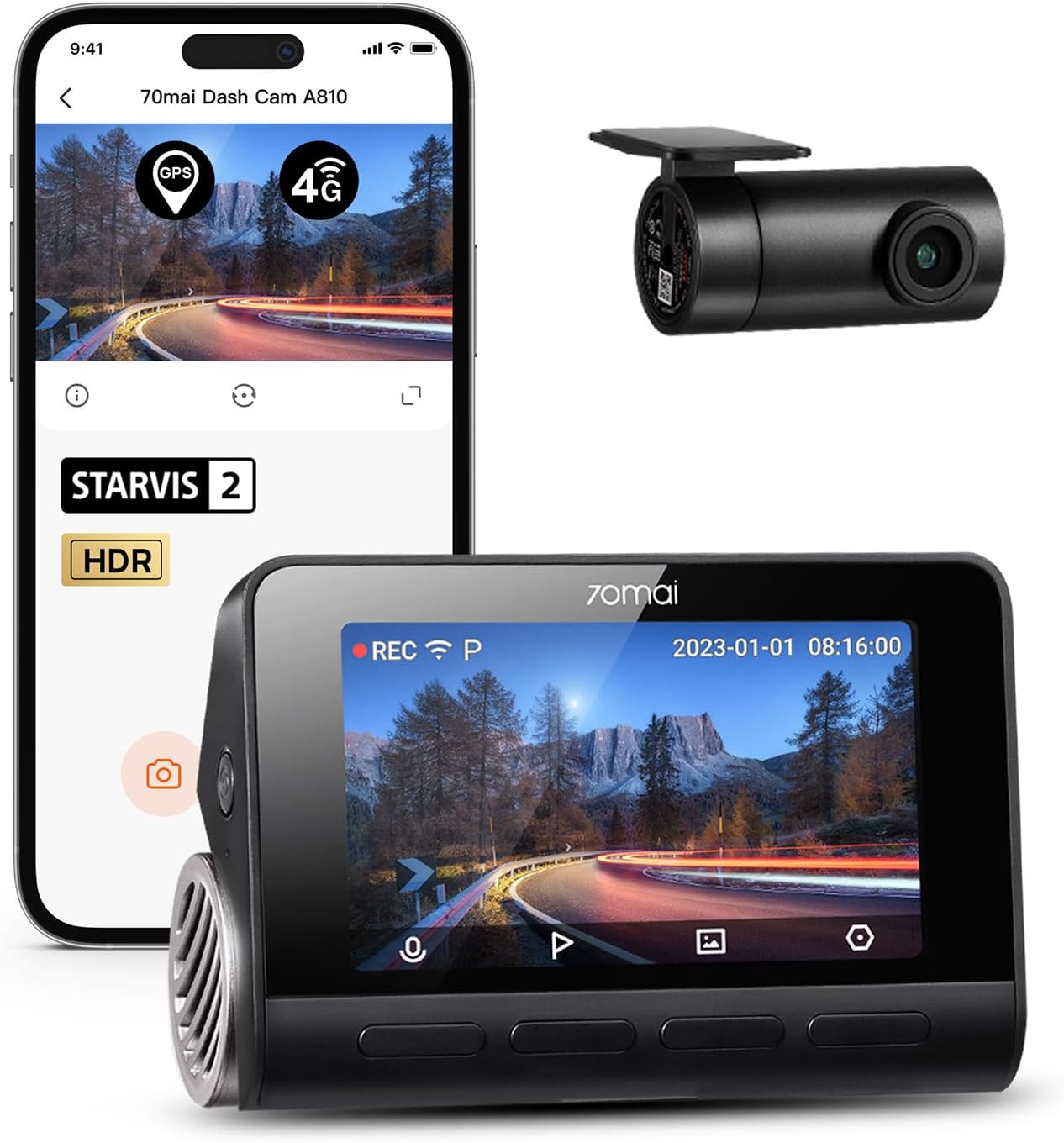 70mai A810 4K Dash Cam Front and Rear, Dual Dash Camera for Cars with Starvis 2 HDR Night Vision, ADAS, Built in GPS&WiFi, 4G Support, 24/7 Parking Mode, AI Motion Detection, Time-Lapse, APP Reminder